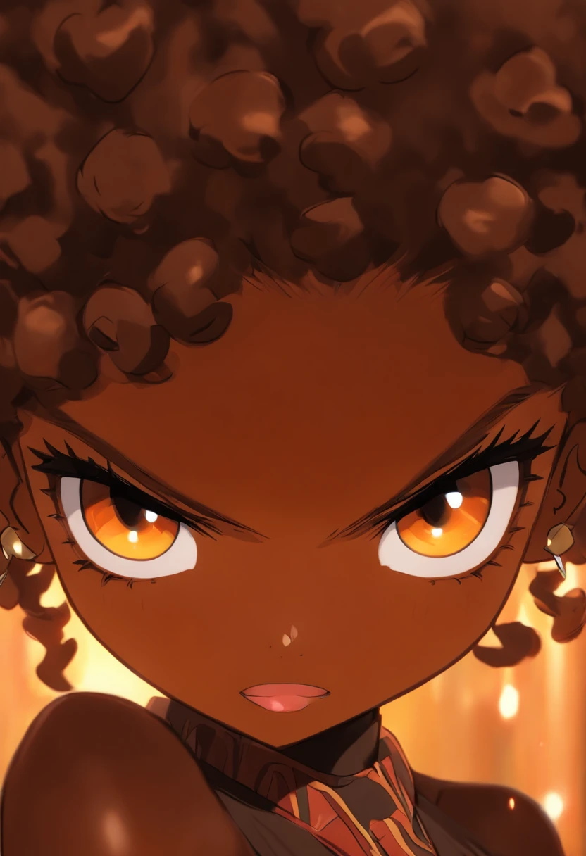 ,((dark-skinned female, melaninated female ,,chocolate-skinned female)), black hair, short curly afro, hair bobbles, headshot,remote control (masterpiece, ultra-detailed,best-quality, 2040hd) visual novel, sad
