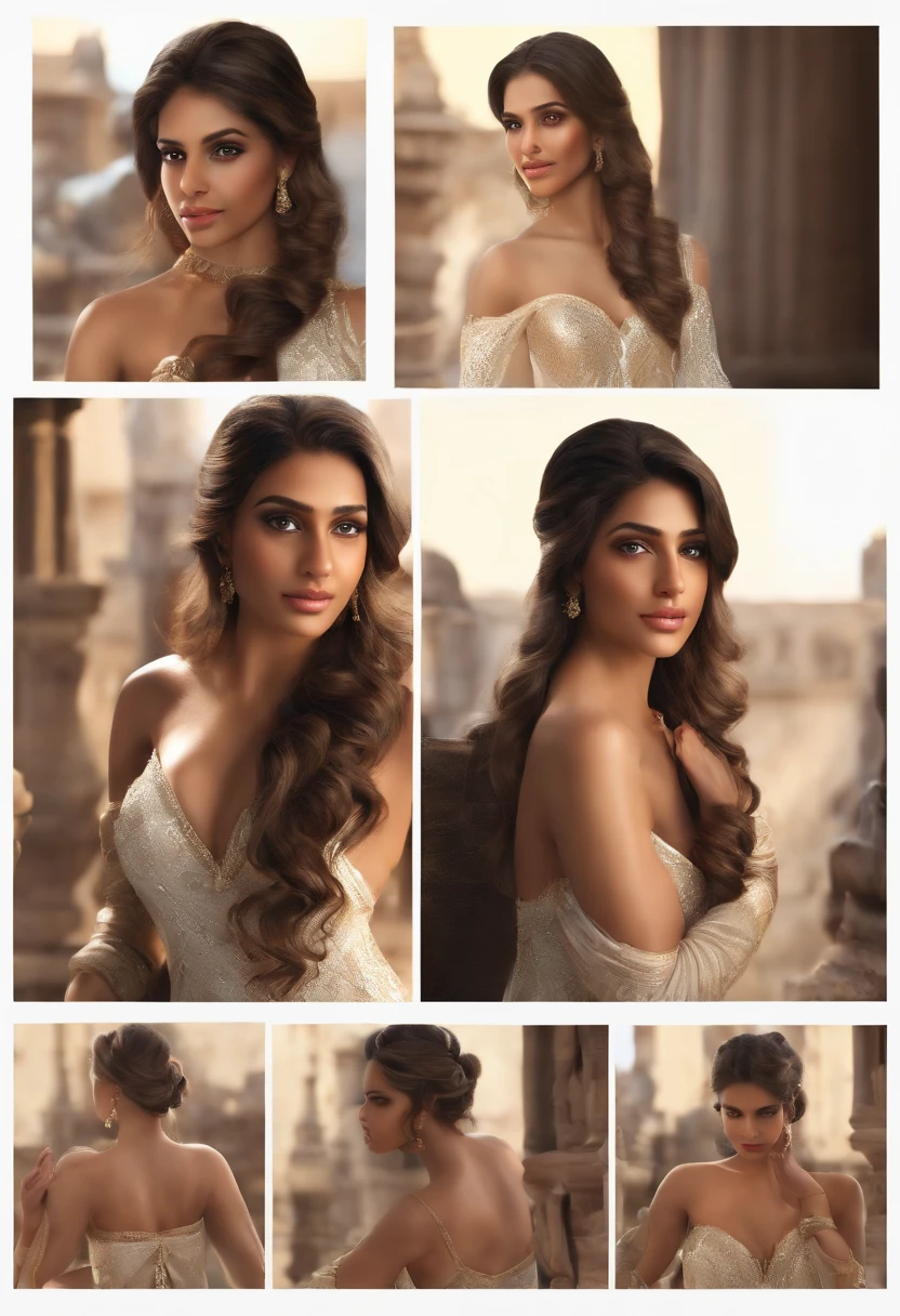 (masterpiece), realistic, (27yr old female), beautiful face, studio lighting, cinematic light, beautiful woman, beautiful black eyes, milk beige middle hair, perfect anatomy, very cute smile, princess eyes , (black eyes), (head frame), center image, style, bioluminescent, 8 life size, 8k Resolution, human hands, curiously complete, elegant, close to perfection, dynamic, highly detailed, character sheet, concept art, smooth, positioned so that their bodies are symmetrical and balanced directly towards the viewer, amazing Incredibly beautiful 20-something indian girl, detailed hairstyles, full body portrait, (()),(( sexy)), indian body ,