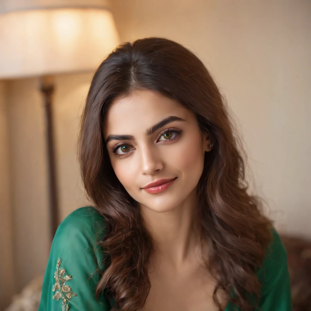 so beautiful Iranian girl with a wheatish complexion, an innocent and charming smile, large green eyes, wearing a red silky sexy blous, her light brown hair flowing, black sun glasses, using mobile in bed room,