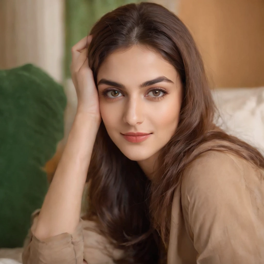 so beautiful Iranian girl with a wheatish complexion, an innocent and charming smile, large green eyes, wearing a red silky sexy blous, her light brown hair flowing, black sun glasses, using mobile in bed room,