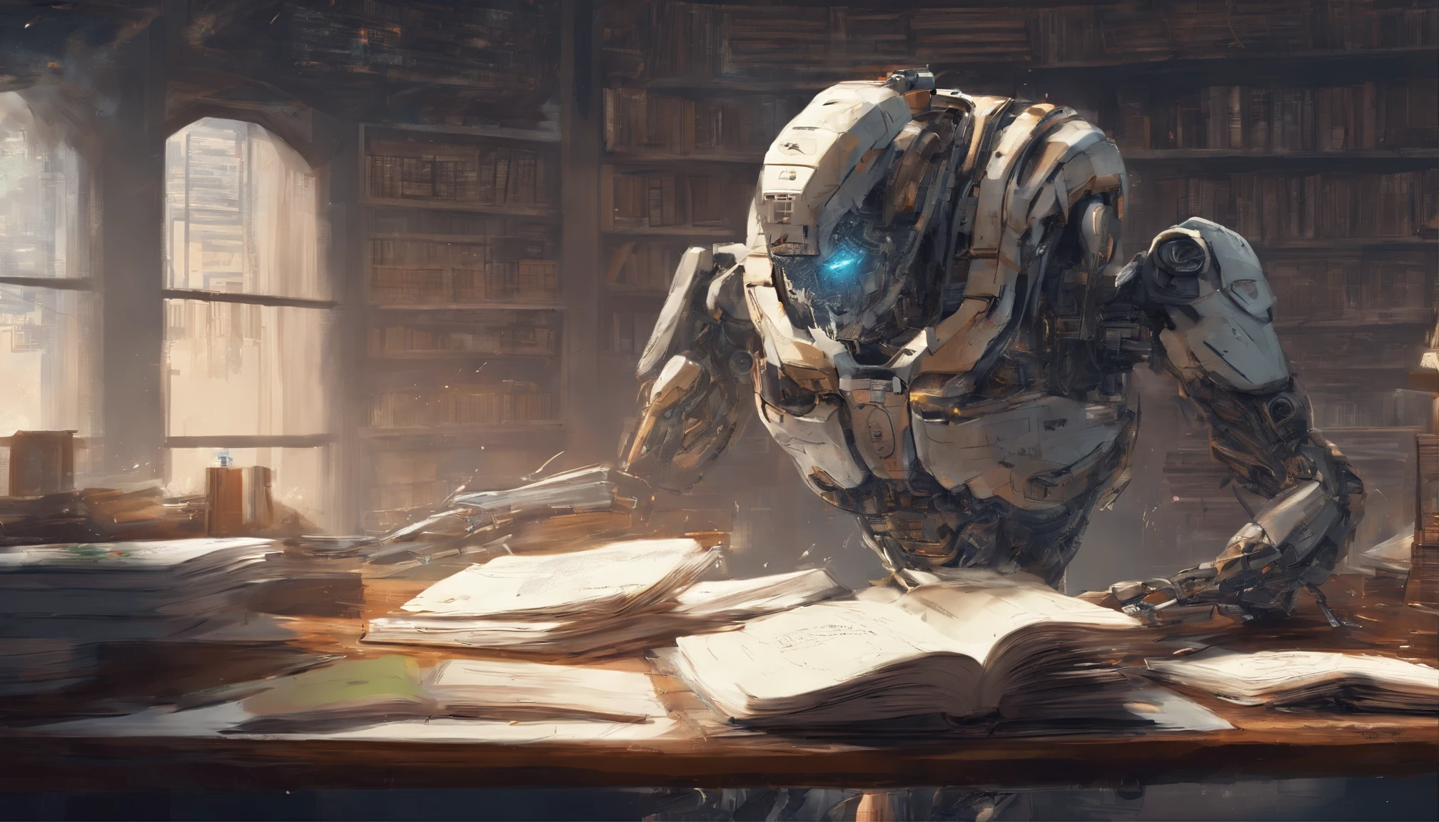 a robot, with translucent body, Sit at your desk，Pen in hand, In the book it is written, In a room with books, Wide field of view, Ultra photo realsisim, highly  detailed, digitial painting, concept-art, lisses, foco nítido, wide - angle shot