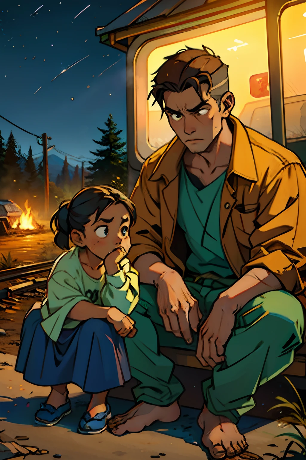 A husband, wife and a child sitting round a small camp fire, homeless, wearing worn out clothes, frowning, background is autumn dead trees, railroad tracks, mood is sad, degrading poverty, night time light, character design.