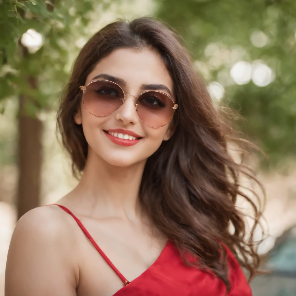 so beautiful Iranian girl with a wheatish complexion, an innocent and charming smile, large green eyes, wearing a red silky sexy dress, selfie, her light brown hair flowing, black sun glasses,
