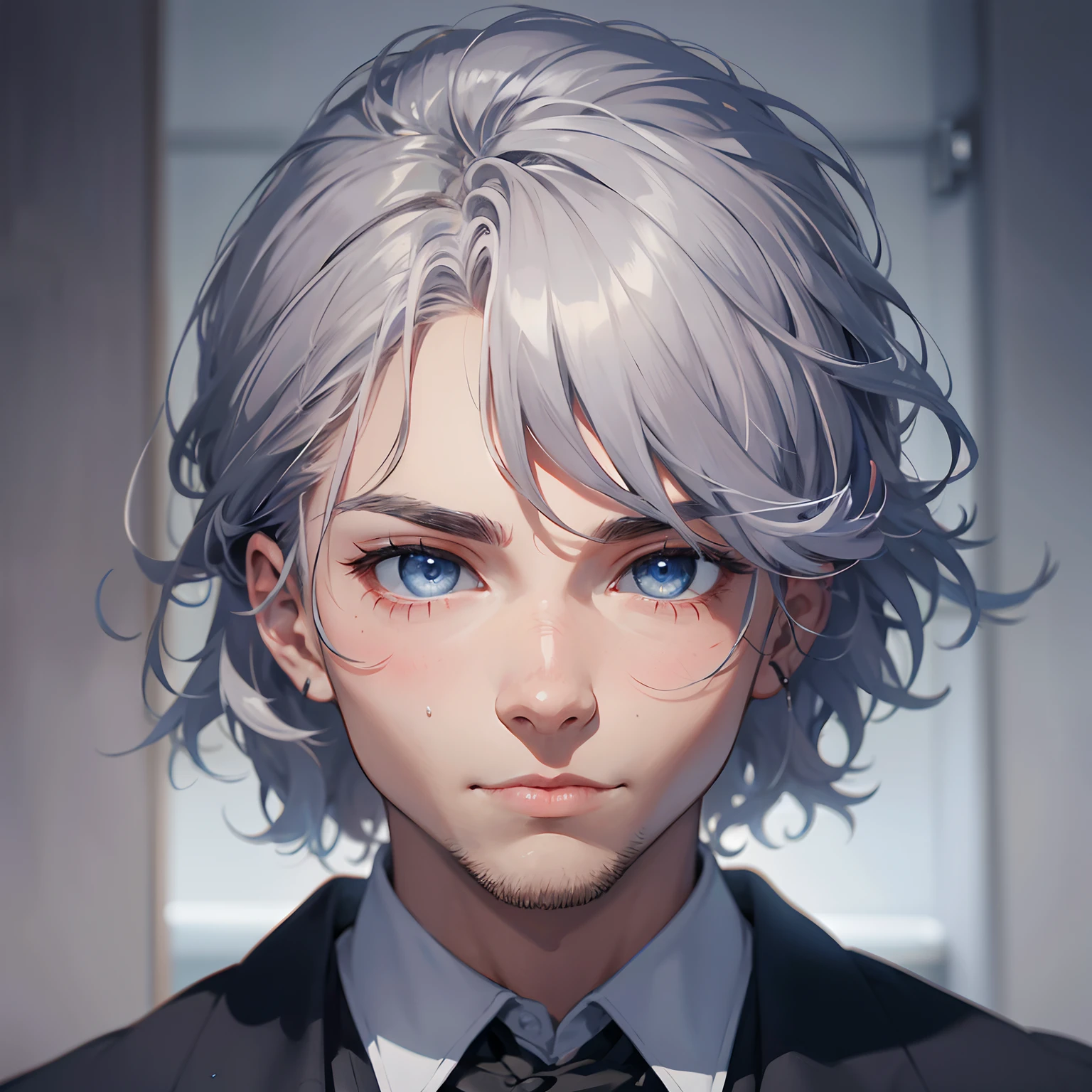 15 Years of Silver-Haired Man Blue Eyes Absurd Resolution, High resolution, (obra maestra: 1.4), hiperdetalle, 1child, enfoque facial, Hombre maduro, Traje de estudiante, camisa blanca, Puerta de la universidad, smug expression, bolsa de transporte