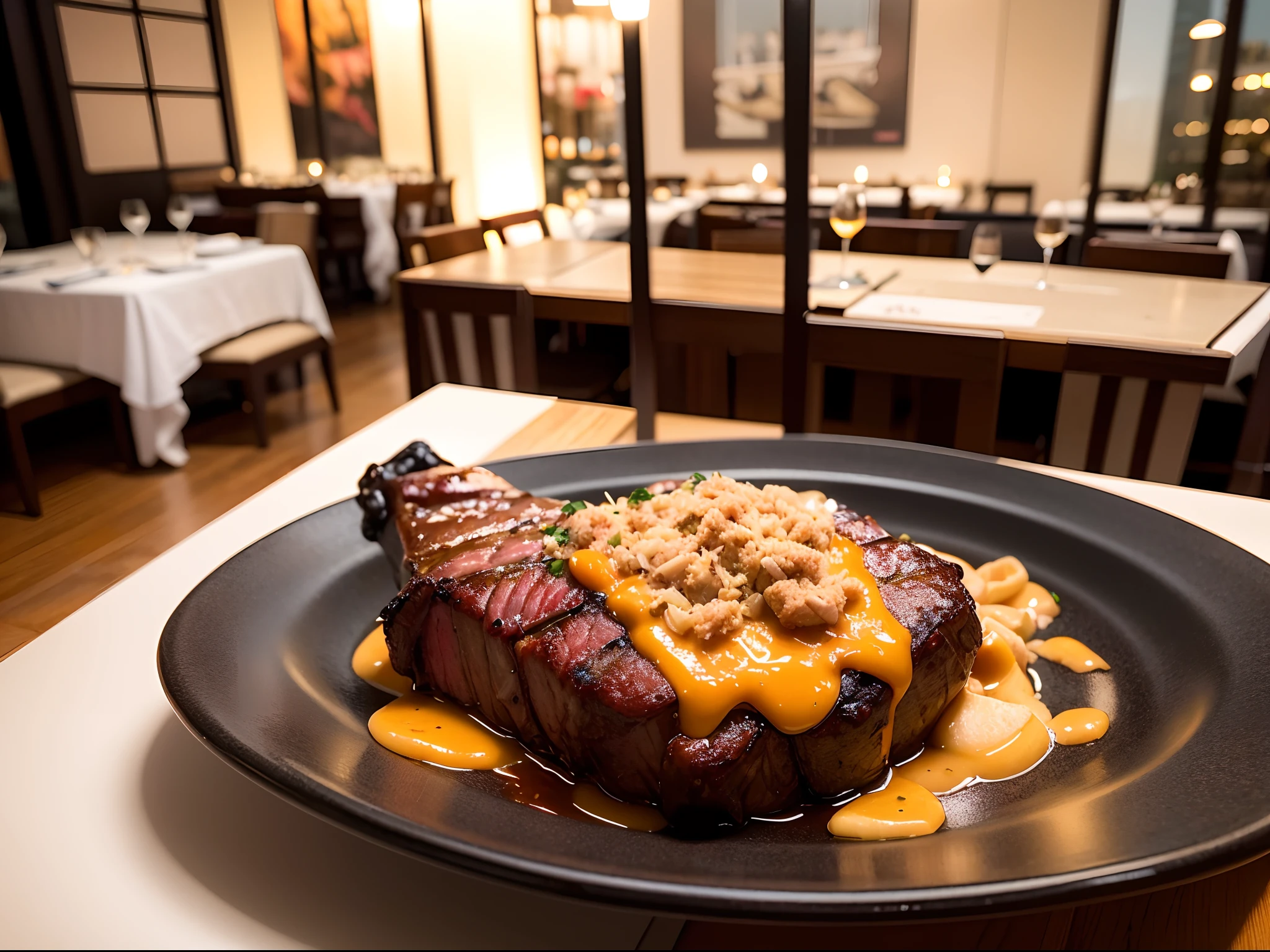 best quality, ultra high res, (photorealistic:1.4), ultra-detailed,incredibly detailed, tbone steak, melted cheese, table with red sheet, elegance restaurant vibe