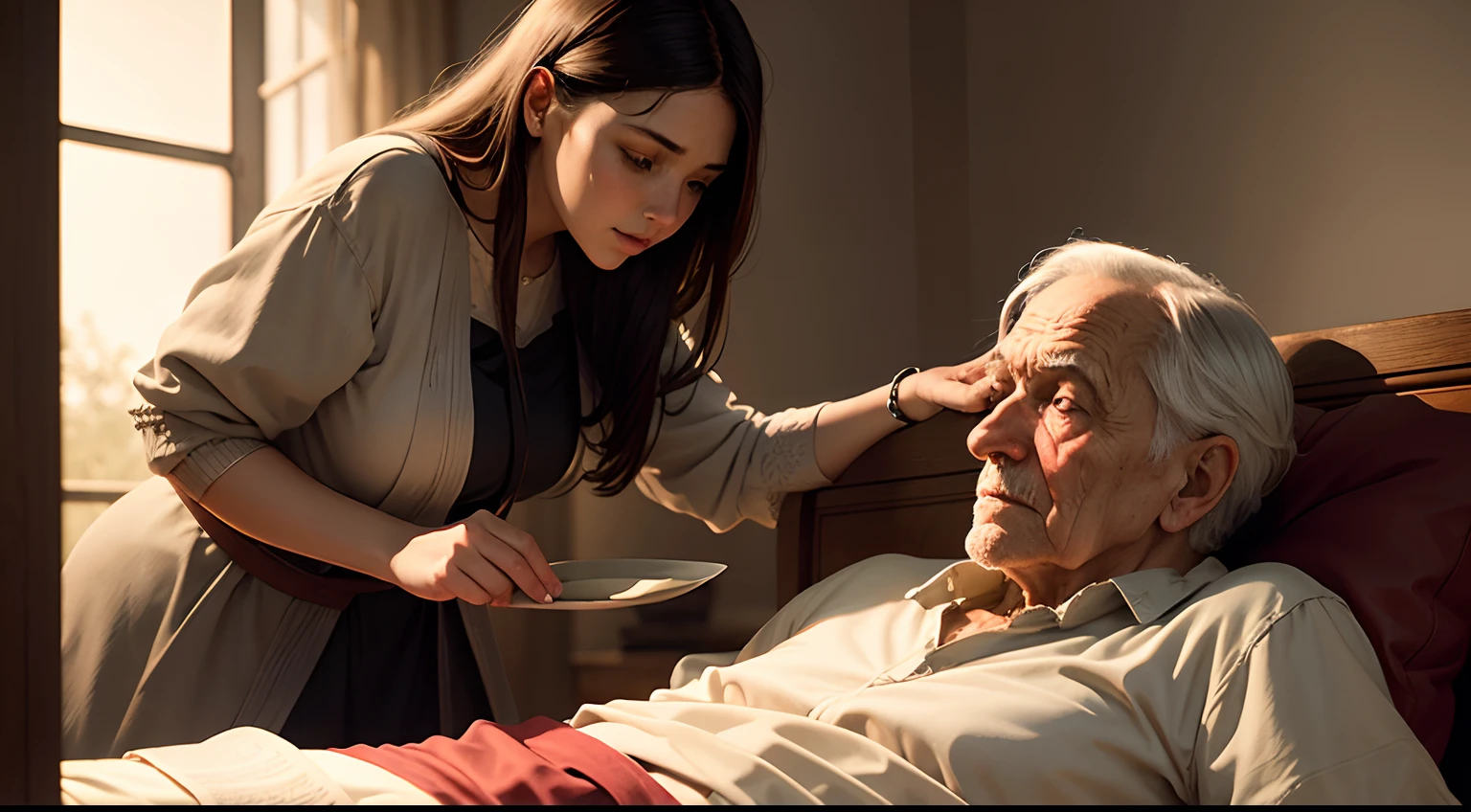 The young woman taking care of a sick old man with zeal, in the old testament