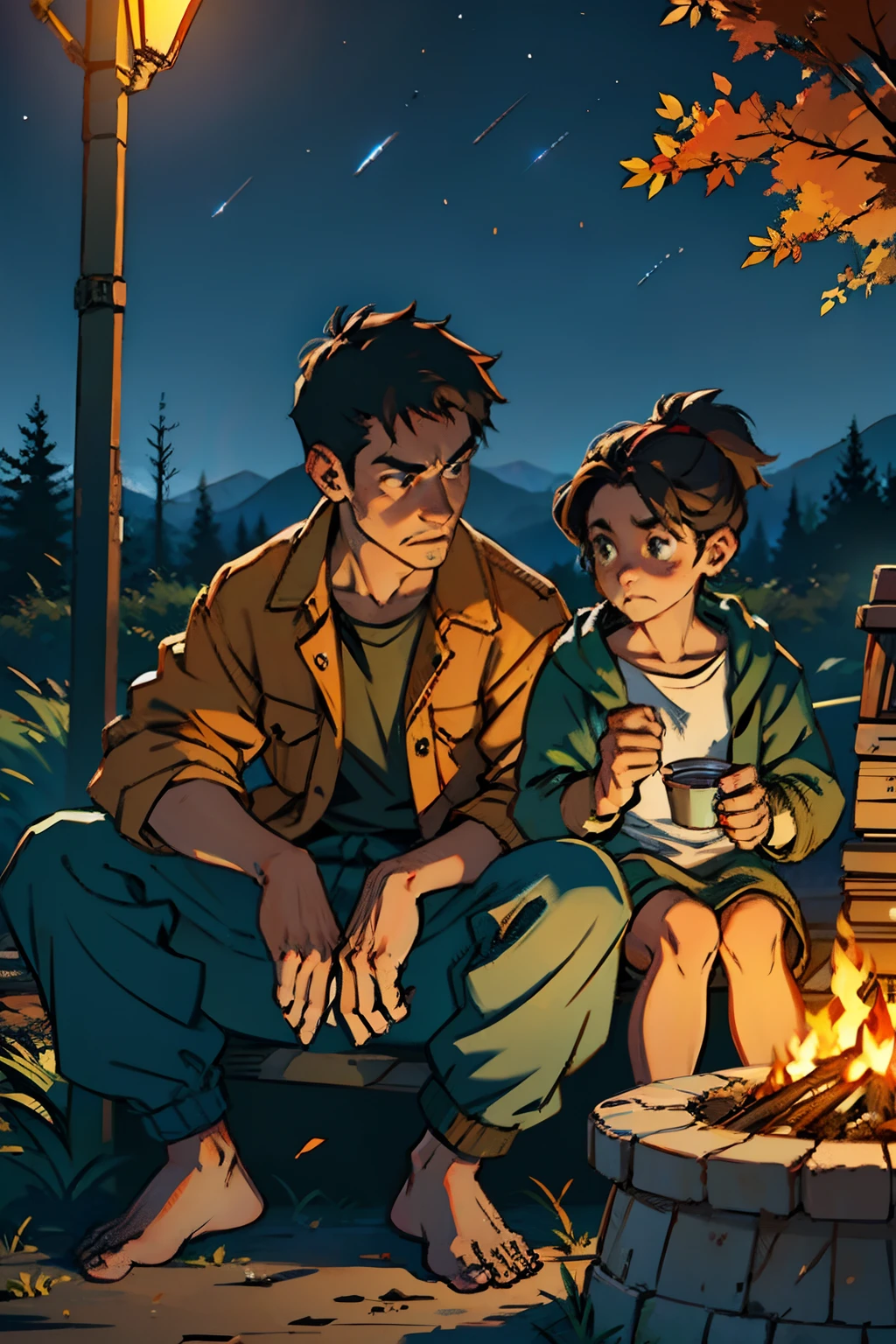 A husband, wife and a  sitting round a small camp fire, homeless, wearing worn out clothes, frowning, background is autumn dead trees, railroad tracks, mood is sad, degrading poverty, night time light, character design.