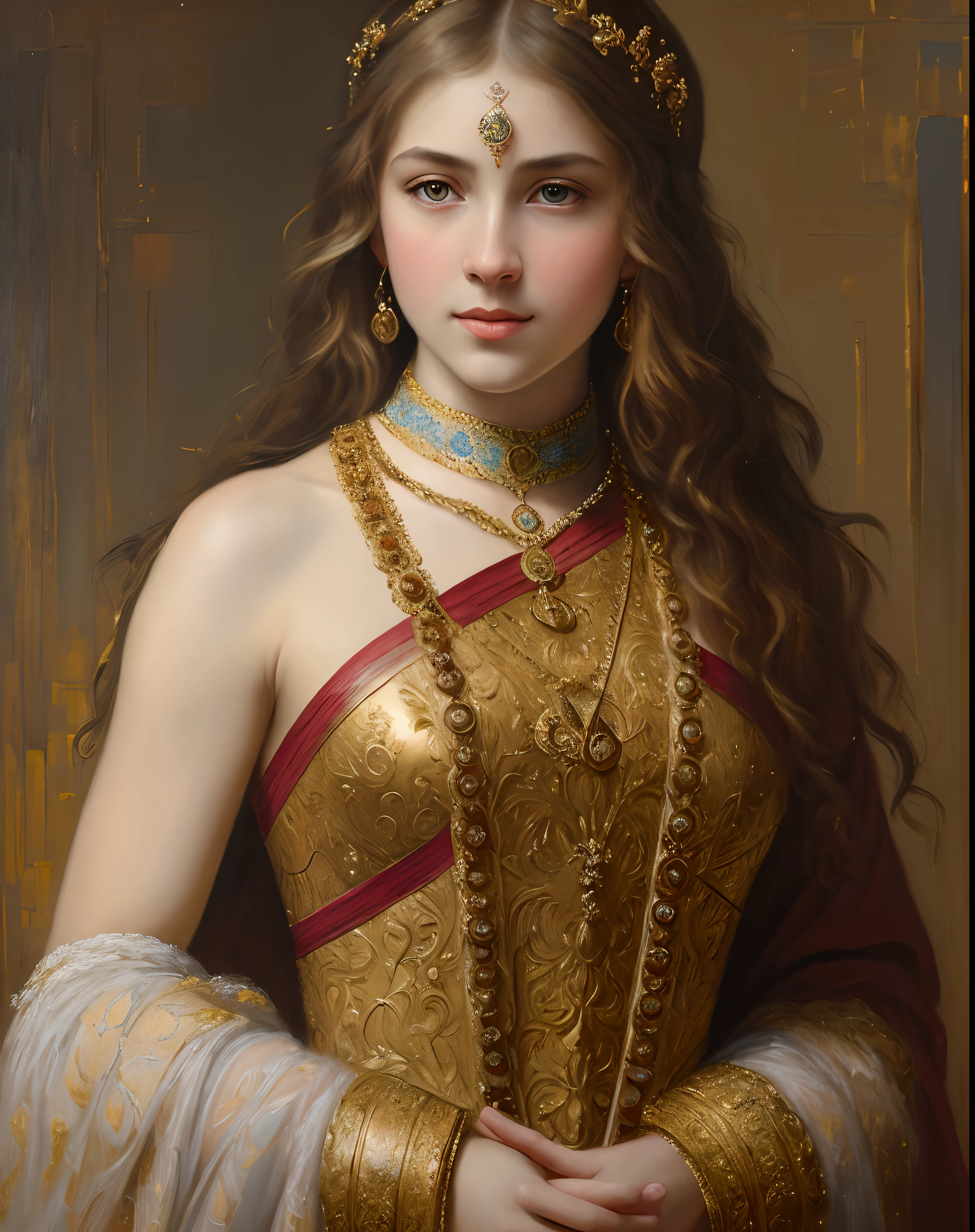 A painting of a woman in a gold dress with a necklace and a necklace ...