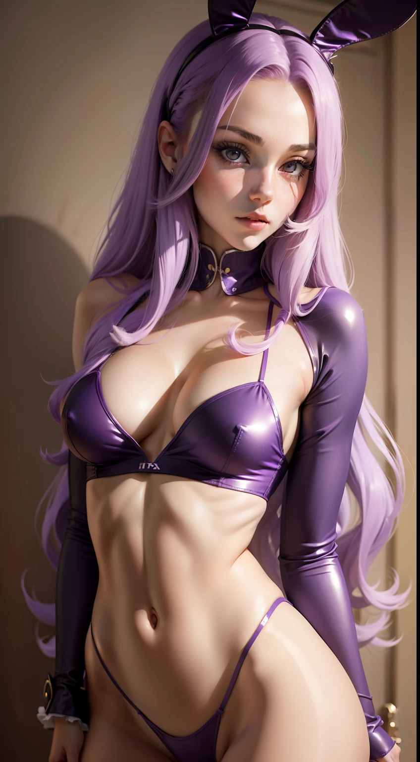 Girl with long purple hair, Slim, pretty, little chest, In a playboy rabbit costume