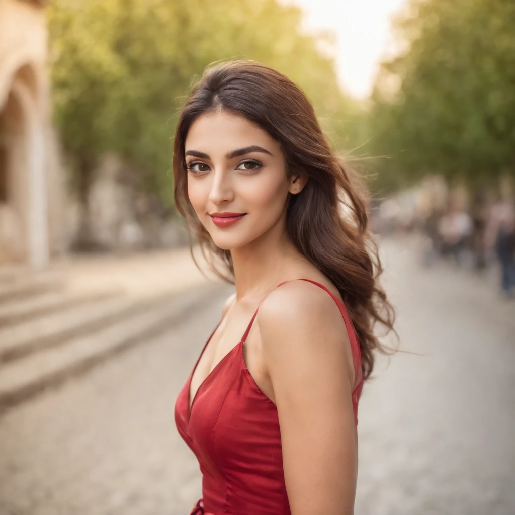 so beautiful Iranian girl with a wheatish complexion, an innocent and charming smile, large green eyes, wearing a red silky sexy dress, selfie, her light brown hair flowing, black sun glasses, walkingin street,
