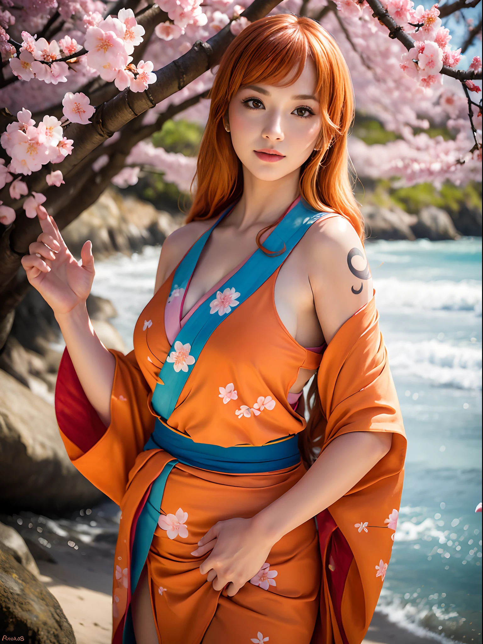 (masterpiece, best quality:1.4), (standing:1.5), (outside at the beach), 1girl, nami \(one piece\), 1girl, cherry blossoms, falling petals, gold, japanese clothes, kimono, log pose, long hair, looking at viewer, open mouth, orange hair, petals, shoulder tattoo,, solo, (european youth  woman:1), looking at viewer, beautifull smile, beautiful face, highly detailed face, highly detailed eyes, subsurface scattering, realistic pupils, full face blush, full lips, detailed background, depth of field, volumetric lighting, sharp focus, absurdres, realistic proportions, (realistic, hyperrealistic:1.4), 16k hdr