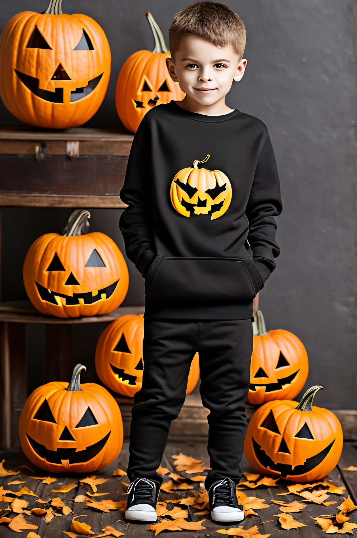 Boy posing in a black sweatshirt for a Halloween mockup with a background
