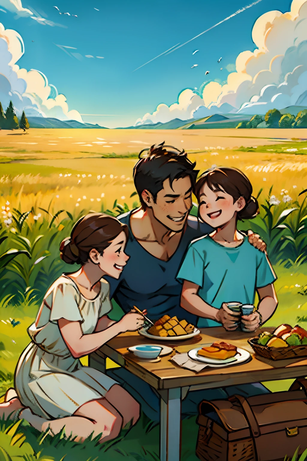 A happy family, having lunch at a picnic table, husband, wife and child, background is corn field, mood is happy, appreciative, progressive, daytime light, character design.