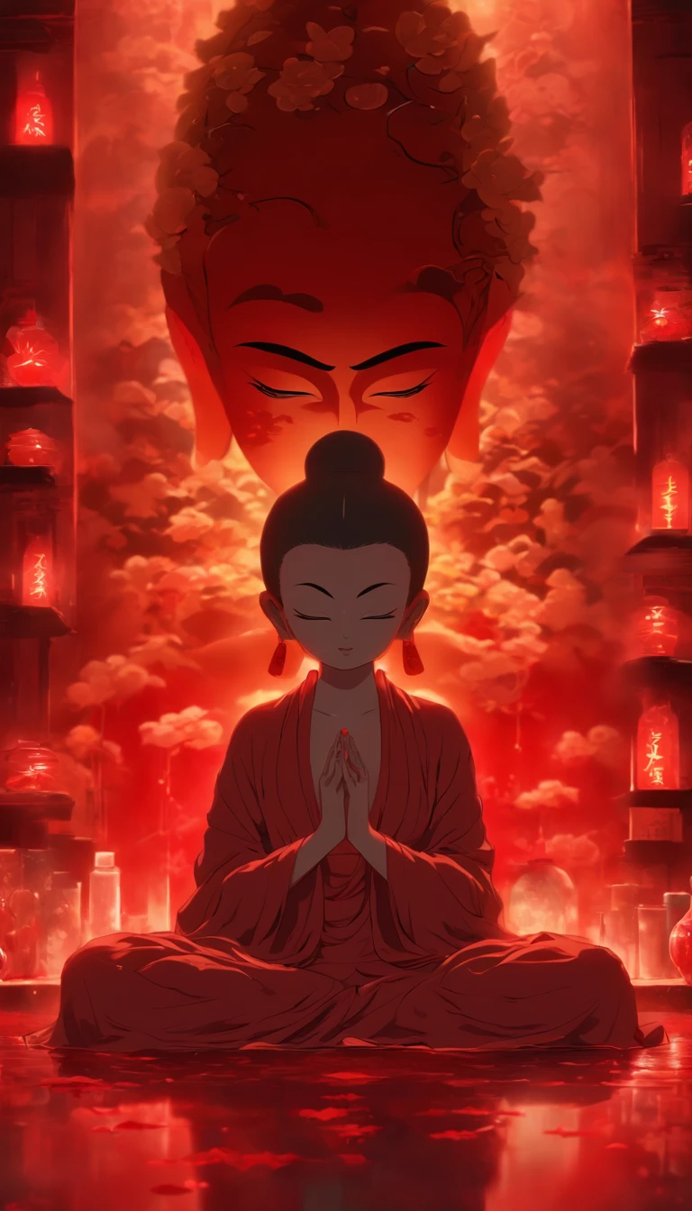 Blood red room, Flashing white TV screen, BUDDHA STATUE, Cover one eye and face, Bright red eyes, Wearing a white transparent robe, Looming full breasts,liquor,Devil， reaching out her hands，Straighten your body, Red nails are exposed, Pinch the camera, hyper HD, Anatomically correct, Textured skin, Super detail, High details, High quality, A high resolution, 8K, hyper HD, Anatomically correct, Textured skin, Super detail, High details, High quality, Best quality, 8K,Leishnampo,Room 2,Horror