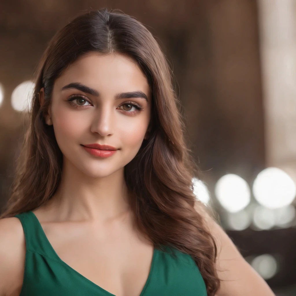 so beautiful Iranian girl with a wheatish complexion, an innocent and charming smile, large green eyes, wearing a red silky sexy dress, selfie, her light brown hair flowing, black sun glasses, in ladies gym,