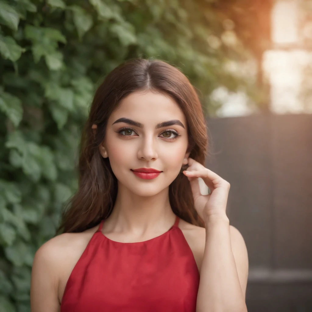 so beautiful Iranian girl with a wheatish complexion, an innocent and charming smile, large green eyes, wearing a red silky sexy dress, selfie, her light brown hair flowing, black sun glasses, in ladies gym,