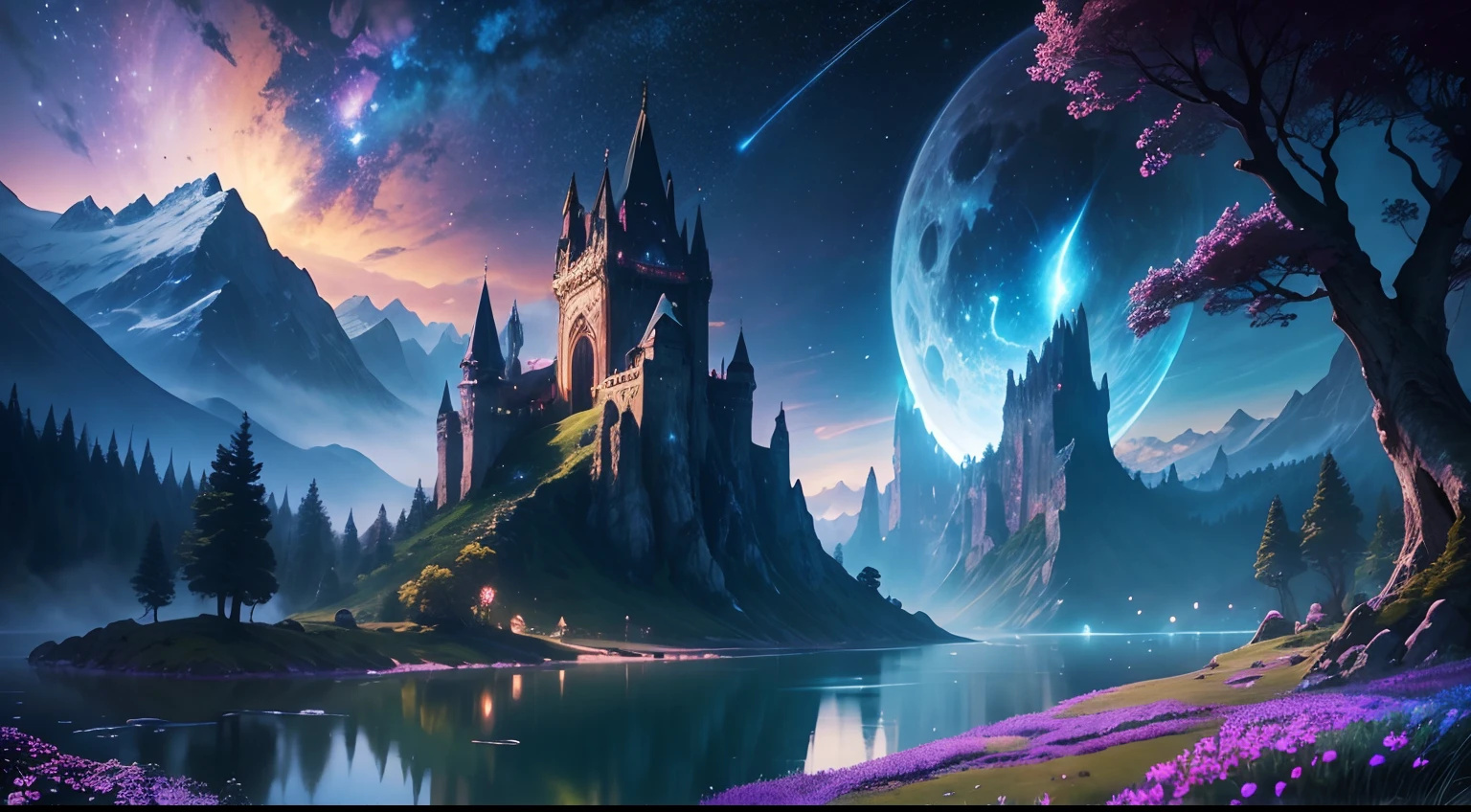 best quality,4k,highres,masterpiece:1.1,ultra-detailed,Fantasy landscape,surreal colors,vibrant atmosphere,majestic mountains,mystical creatures,ethereal lighting,dreamy clouds,enchanted forest,magical waterfalls,floating islands,hidden pathways,ancient ruins,whimsical architecture,glowing flowers,flying dragons,serene lakes,mythical creatures,celestial bodies,starlit sky,magical portal,fairy tale-like,enchanted atmosphere,imagination,awe-inspiring,mysterious adventure,spellbinding scenery,awe-inspiring,magical journey