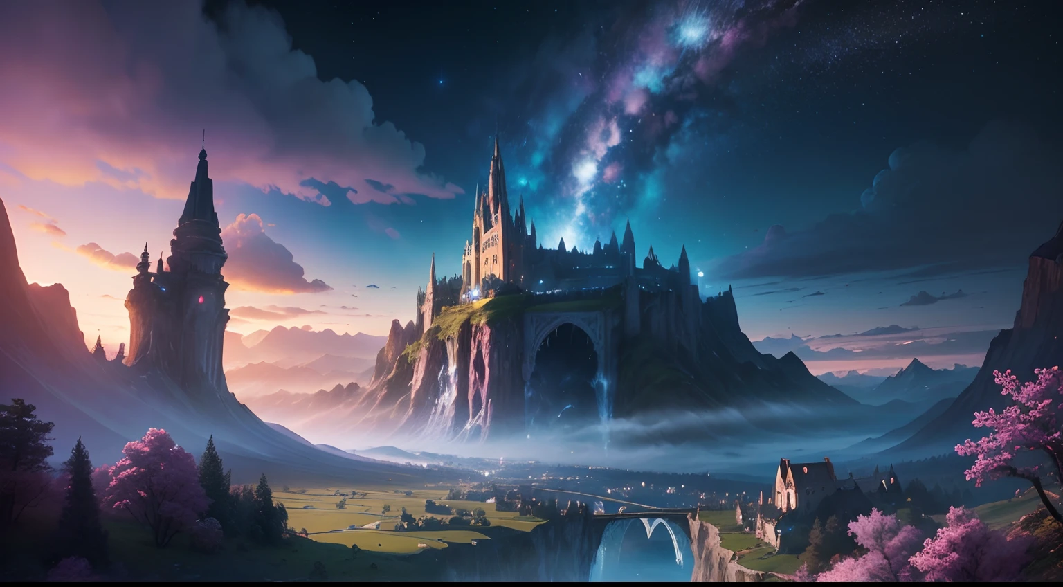 best quality,4k,highres,masterpiece:1.1,ultra-detailed,Fantasy landscape,surreal colors,vibrant atmosphere,majestic mountains,mystical creatures,ethereal lighting,dreamy clouds,enchanted forest,magical waterfalls,floating islands,hidden pathways,ancient ruins,whimsical architecture,glowing flowers,flying dragons,serene lakes,mythical creatures,celestial bodies,starlit sky,magical portal,fairy tale-like,enchanted atmosphere,imagination,awe-inspiring,mysterious adventure,spellbinding scenery,awe-inspiring,magical journey