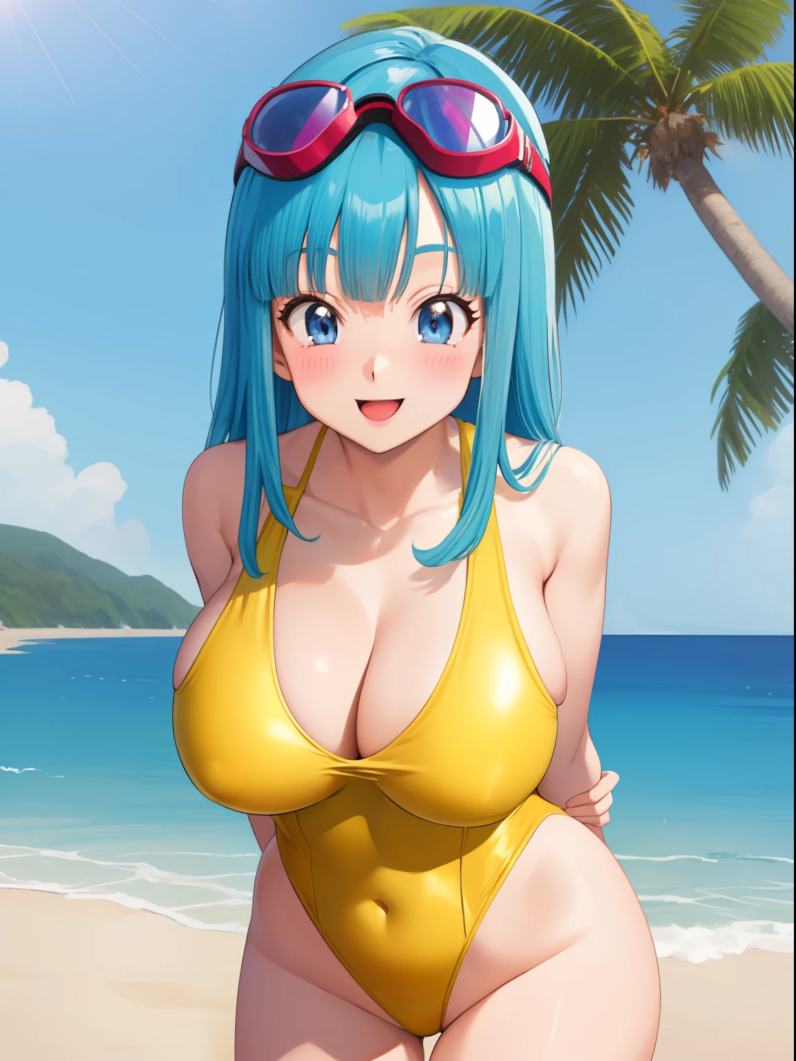 best quality,masterpiece,maron, beach, ocean, ((yellow one-piece swimsuit)), blue eyes, aqua hair, goggles on head, smile, happy, blush, blunt bangs, long hair cleavage,arms behind back, contrapposto,leaning forward,huge breasts,1girl, solo