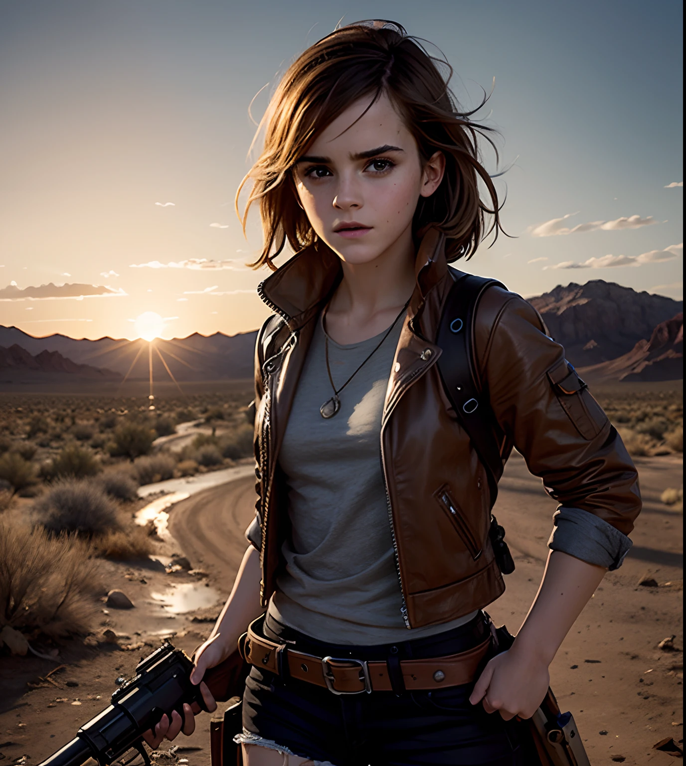 Design a digital artwork of Emma Watson as a post-apocalyptic hero, driving a customized vehicle through a chaotic and dangerous desert landscape,ultra detail