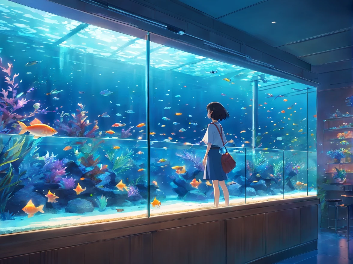 A beautiful aquarium with fish swimming in a glass tank,
A girl gazing at the fishes,
Fantastic aquarium with shining lights,
Breathtakingly beautiful sight,
Perfect illustration, best quality,