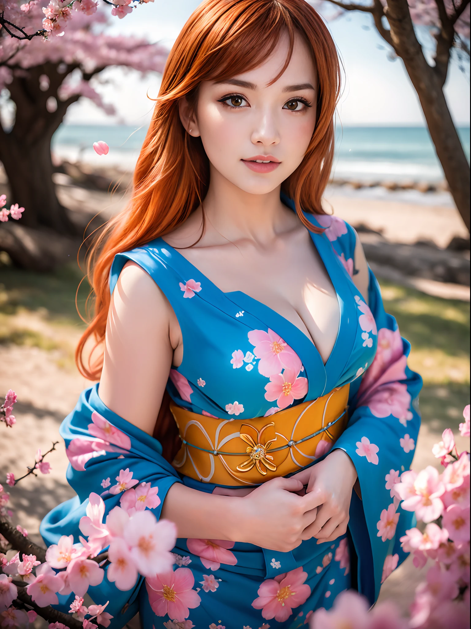 (masterpiece, best quality:1.4), (standing:1.5), (outside at the beach), 1girl, nami \(one piece\), 1girl, cherry blossoms, falling petals, gold, japanese clothes, kimono, long kimono, log pose, long hair, looking at viewer, open mouth, orange hair, petals, shoulder tattoo,, solo, (european youth  woman:1), looking at viewer, beautifull smile, beautiful face, highly detailed face, highly detailed eyes, subsurface scattering, realistic pupils, full face blush, full lips, detailed background, depth of field, volumetric lighting, sharp focus, absurdres, realistic proportions, (realistic, hyperrealistic:1.4), 16k hdr