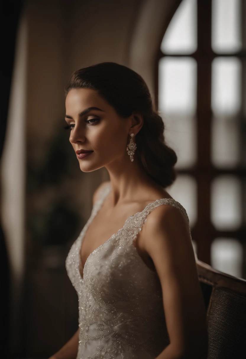 masutepiece, (Front Focus), Portrait of a Surrealist woman, Fantasy Art, Realism, Dynamic lighting, Art Station, poster for, Volumetric lighting, Highly detailed face, black and fluffy eyes, shiny pupils,4K, Award-winning, 1 girl, demure,FULL BODYSHOT, (Formulaware: 1.4,White lace gown), streetlights, dark brown hair,Protruding areola,