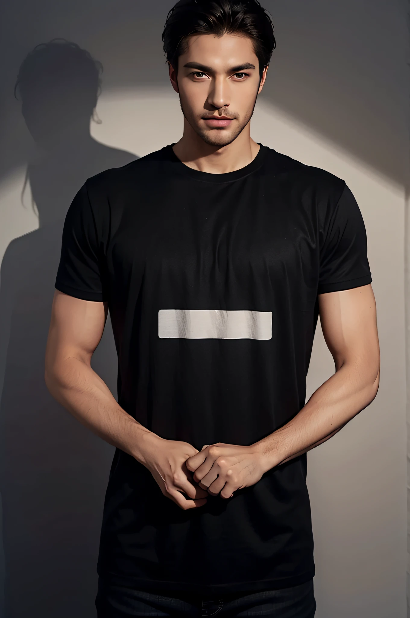 Create an image for my mock-up project where a male model, with a charming and handsome appearance, dons a teddy bear head while wearing a plain black t-shirt. The model should be facing the camera, exuding confidence and style. The contrast between the quirky teddy bear head and the simplicity of the black t-shirt should be visually striking. Ensure the model's expression and pose reflect a confident and appealing demeanor, making this image an eye-catching addition to your project mock-up. --ar 16:9 --v 5