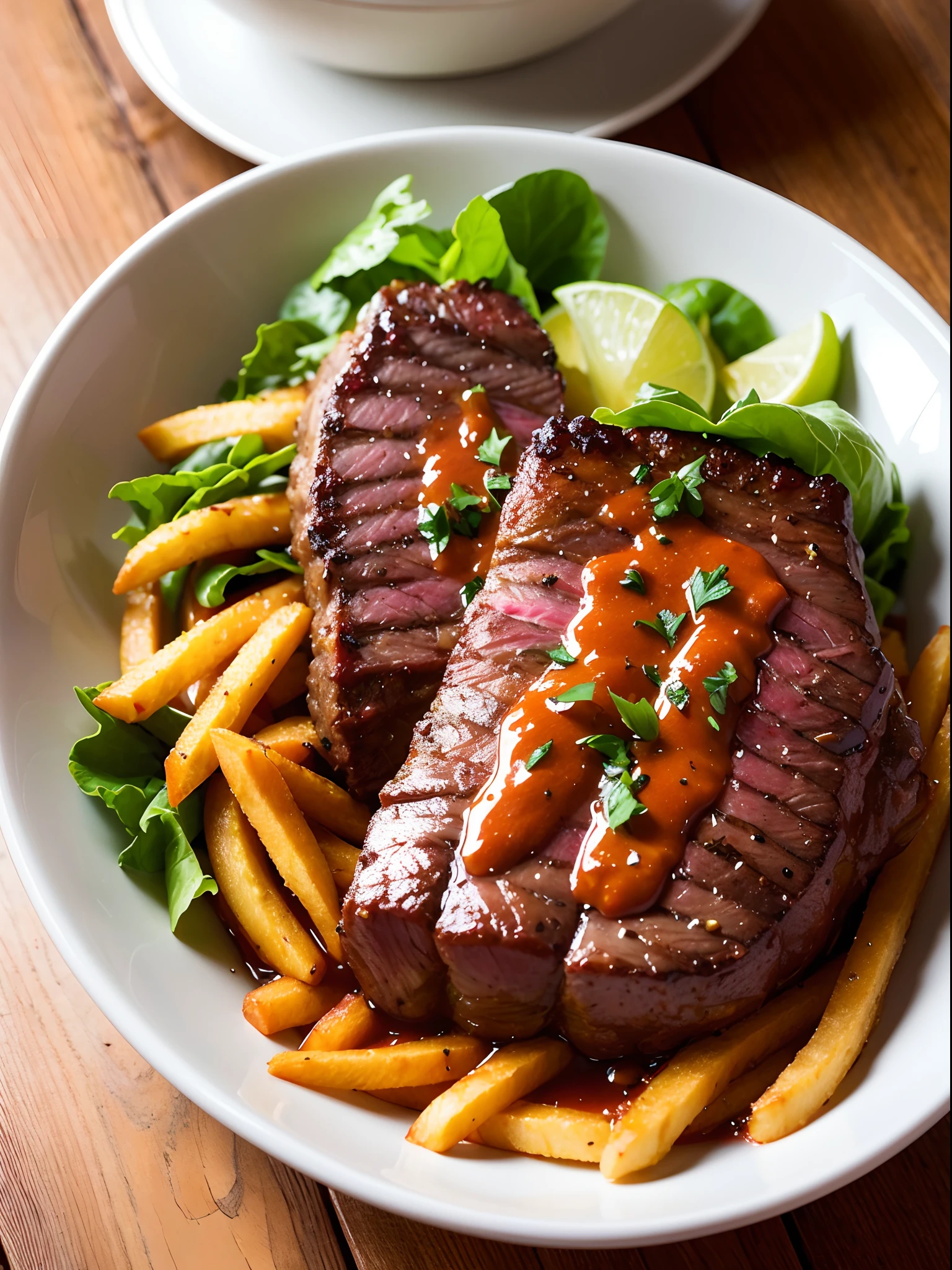 best quality, ultra high res, (photorealistic:1.4), ultra-detailed, incredibly detailed, beef steak on hot plate, blackpepper sauce, wet lettuce, onion, french fries