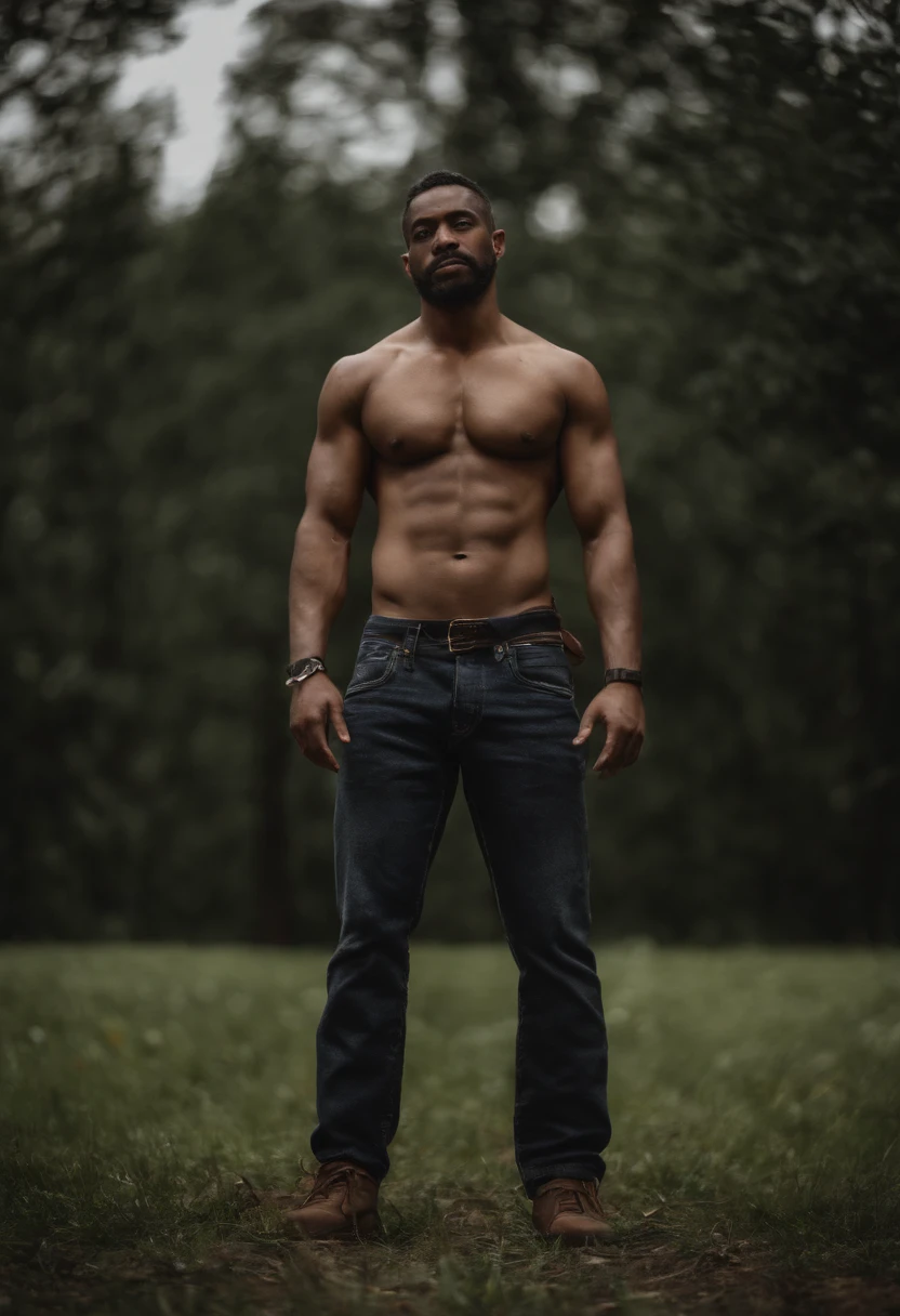 um homem negro, musculoso, pelado, showing your penis