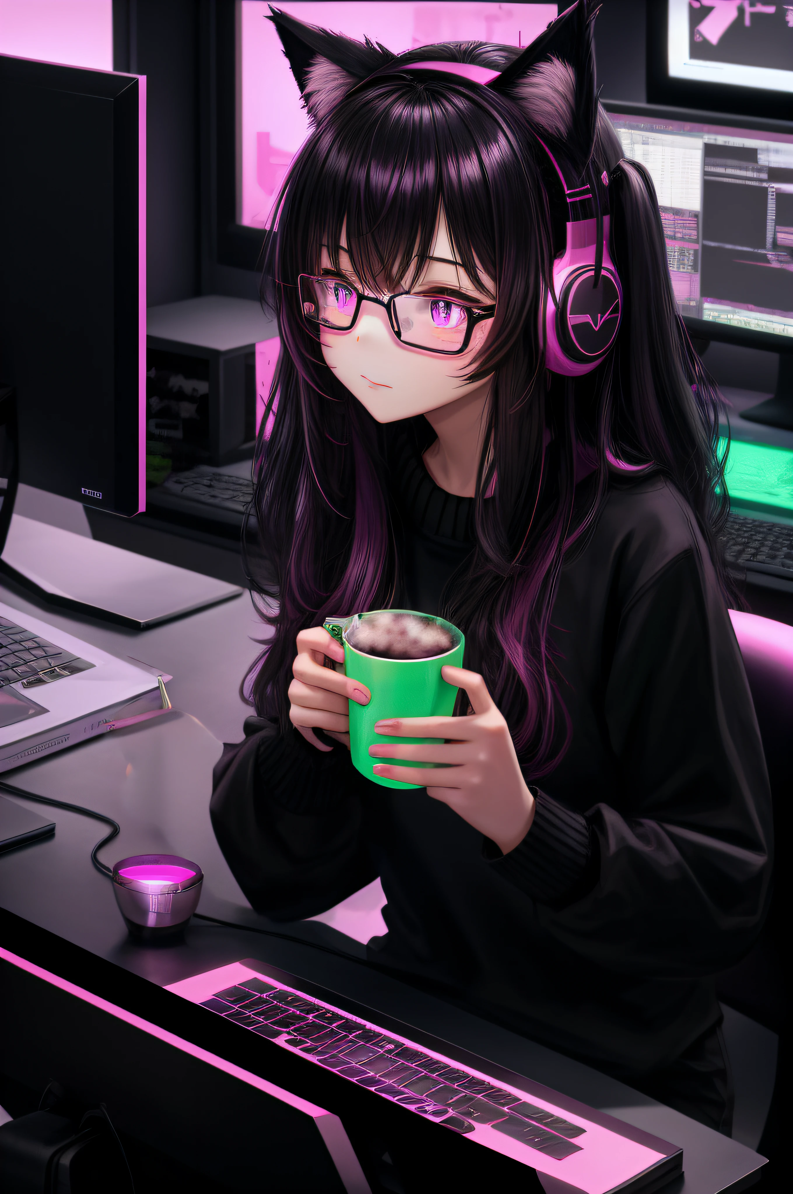 black table, modern, black sweater, green cup, coffe