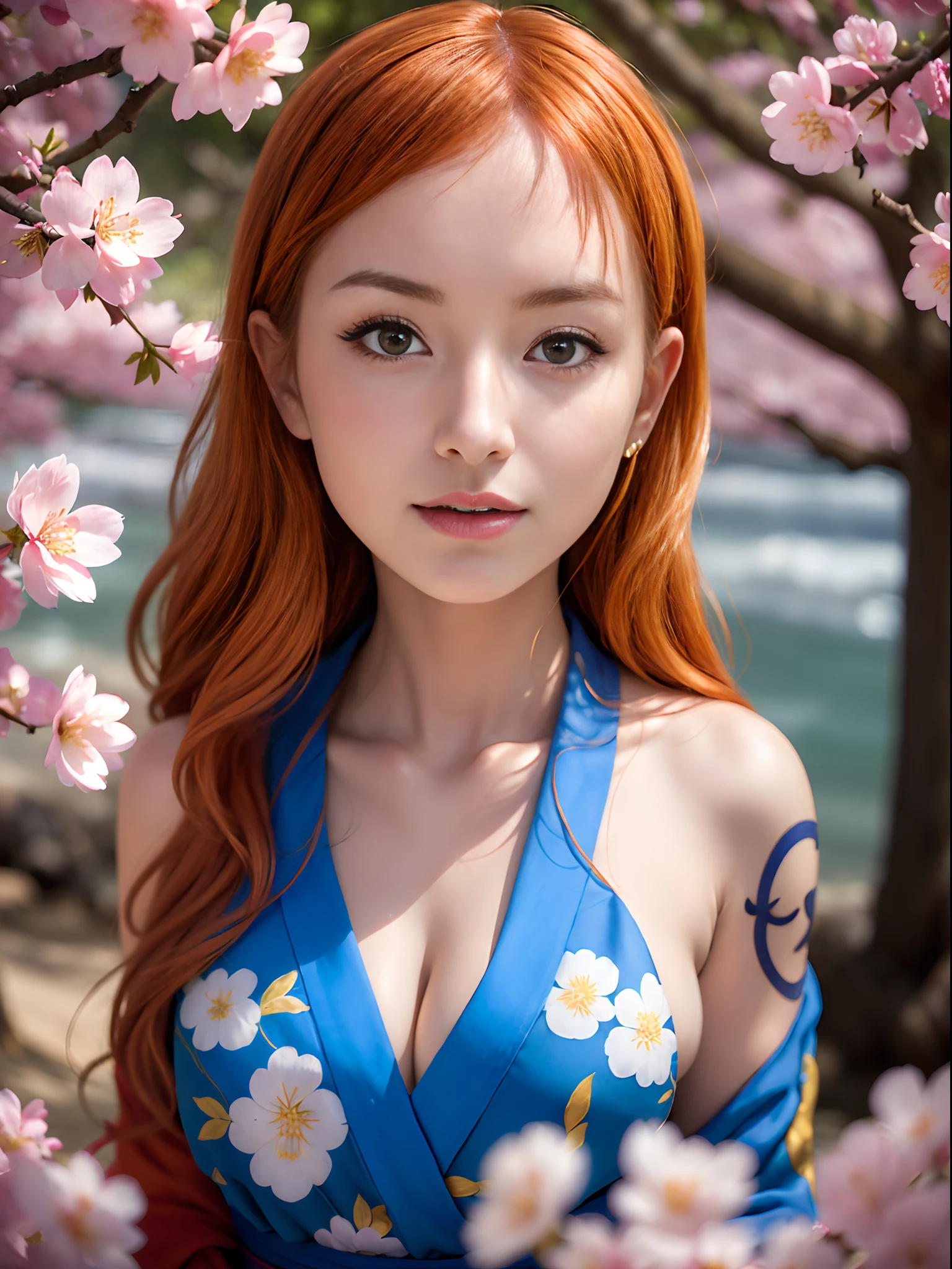 (masterpiece, best quality:1.4), (standing:1.5), (outside at the beach), 1girl, nami \(one piece\), 1girl, cherry blossoms, falling petals, gold, japanese clothes, kimono, long kimono, log pose, long hair, looking at viewer, open mouth, orange hair, petals, shoulder tattoo,, solo, (european youth woman:1), looking at viewer, beautifull smile, beautiful face, highly detailed face, highly detailed eyes, subsurface scattering, realistic pupils, full face blush, full lips, detailed background, depth of field, volumetric lighting, sharp focus, absurdres, realistic proportions, (realistic, hyperrealistic:1.4), 16k hdr