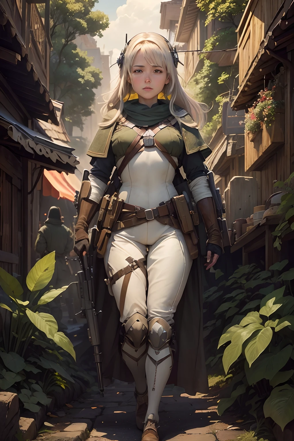 Kyojin, (( white woman holding a riffle)), cybernetic uniform, detailed eyes,round brests, with equipment,( equipment: can grant a skilled user tremendous mobility, it is a demanding art that requires strength, and skill, both of which must be honed through constant practice. Some tools involved in the apparatus include: Hand grips and Piston-shot), ( backgroud: medival town, 5+soldiers with equipment ), by Hayao Miyazaki or Chesley Bonestell,