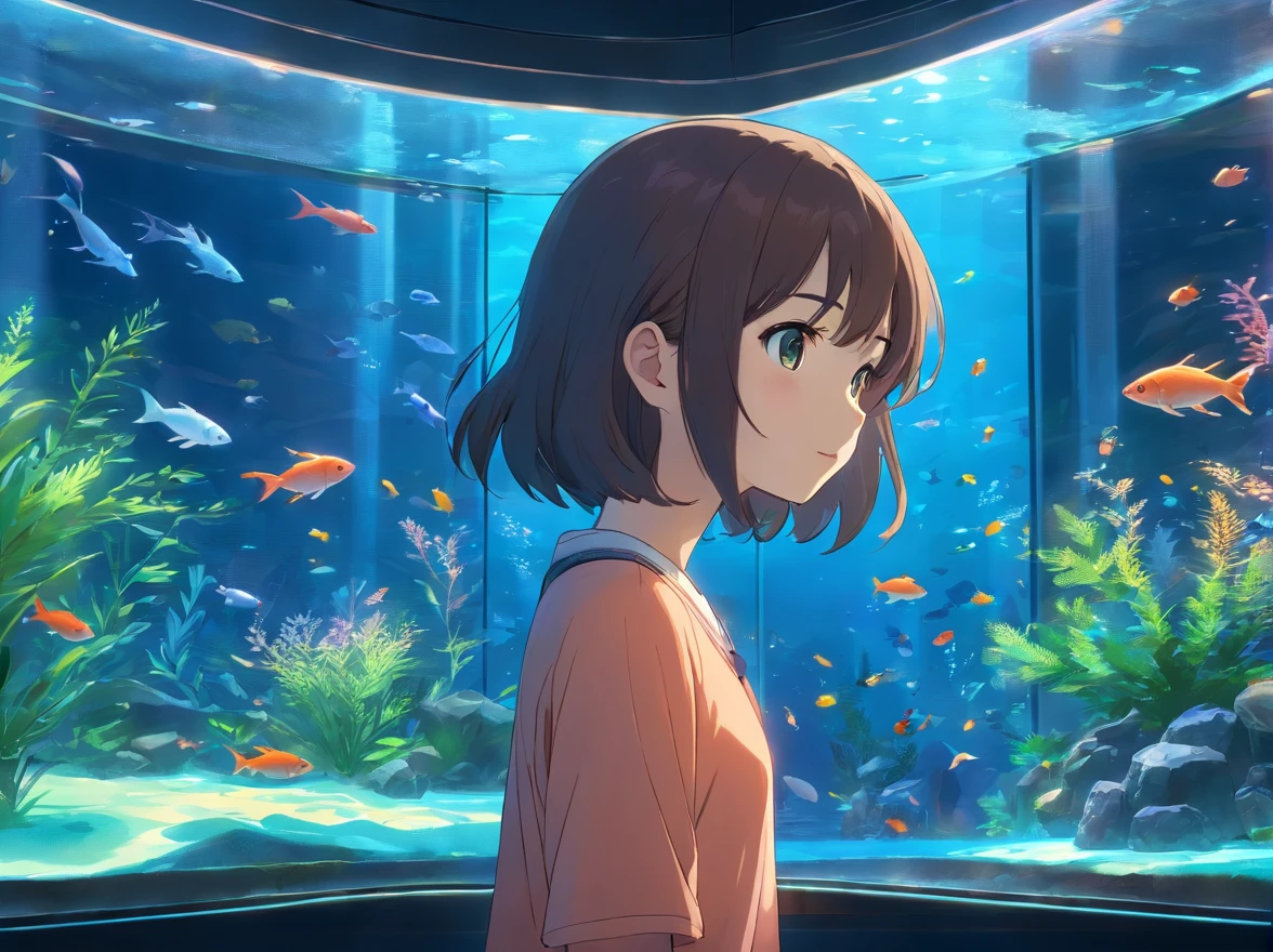 Beautiful aquarium with fish swimming in a huge glass aquarium,
Beautiful little girl staring at fish in front of aquarium、
Fantastic aquarium with twinkling lights,
A breathtakingly beautiful sight,
(Best Quality:0.8),(top-quality:0.8),masutepiece, perfect anime illustration