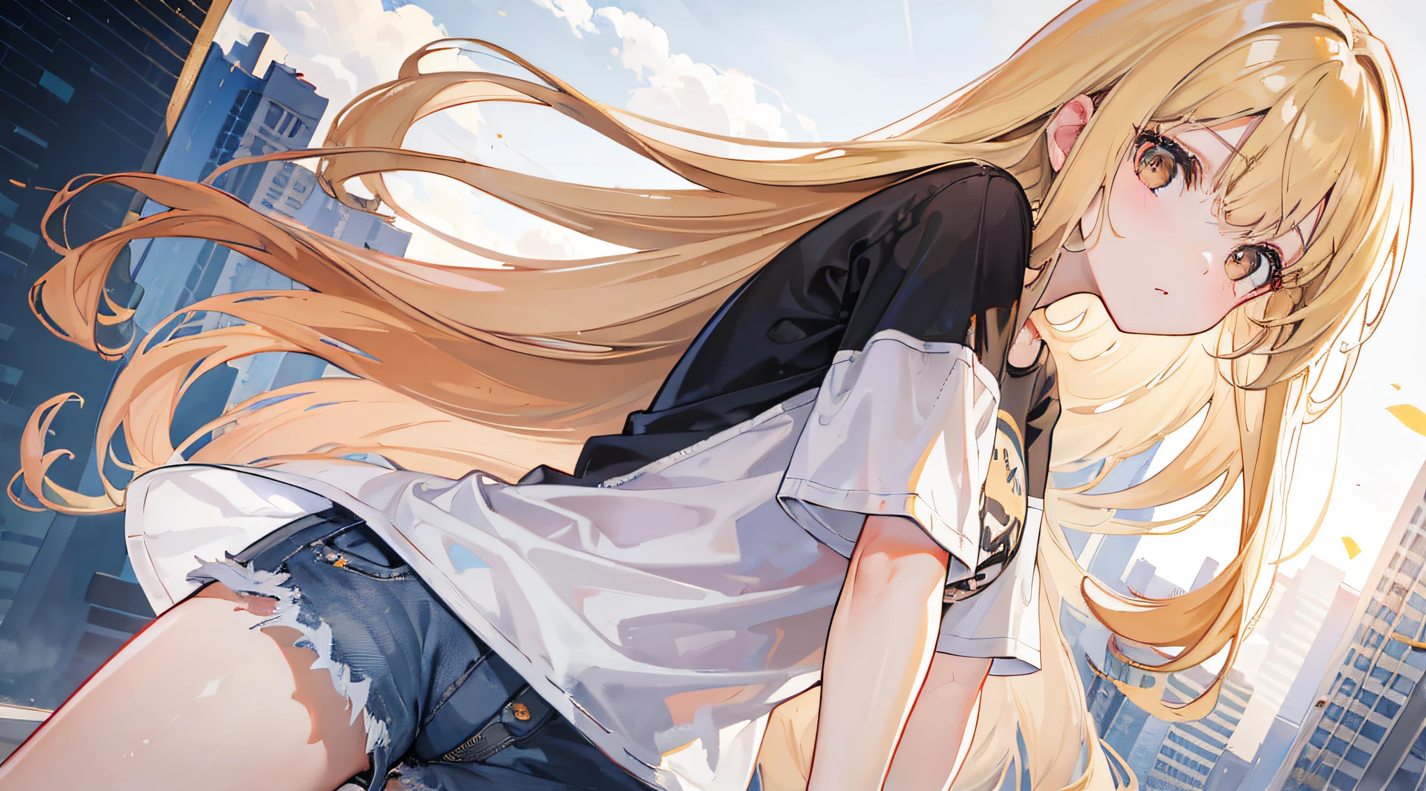 1girl, long blonde and black hair, brown eyes, wearing plain white shirt, denim shorts, city, absurdres, high res, ultrasharp, 8K, masterpiece, looking at viewer