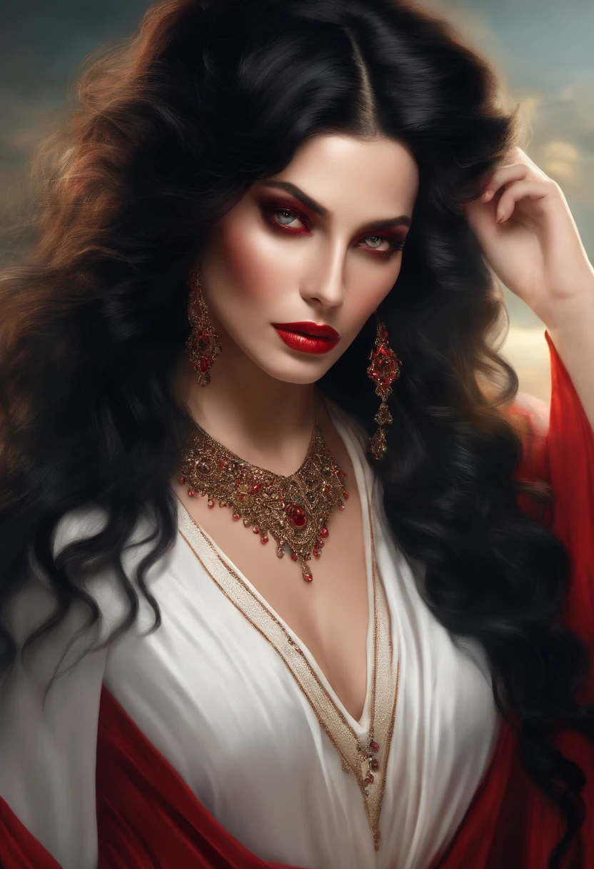 Woman in long clothes with black wavy hair and red eyes,