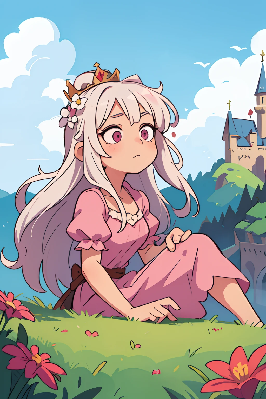 (best quality,masterpiece:1.2),1girl, princess, pink dress, flowers, disheveled white hair, outdoors, clouds in the background, fantasy, medieval, castle in the background, fairy tale scenery