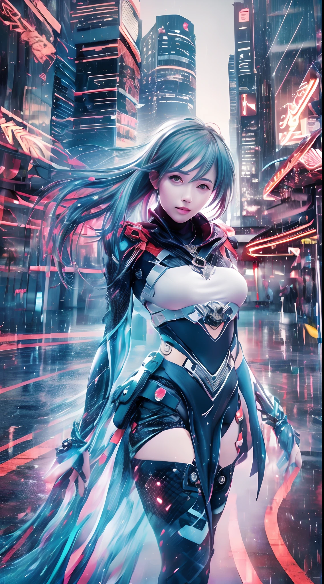 (Best quality,4K,8K,A high resolution,Masterpiece:1.2),Ultra-detailed,(Realistic,Photorealistic,photo-realistic:1.37),Long shot,Blue-haired girl, Hair falls on the left shoulder, Wears a white coat lined with red, blackminiskirt, Patterned stockings, High heels, Walking on the street, Reminiscent, concept-art, Blurred background, Soft lighting, vivd colour