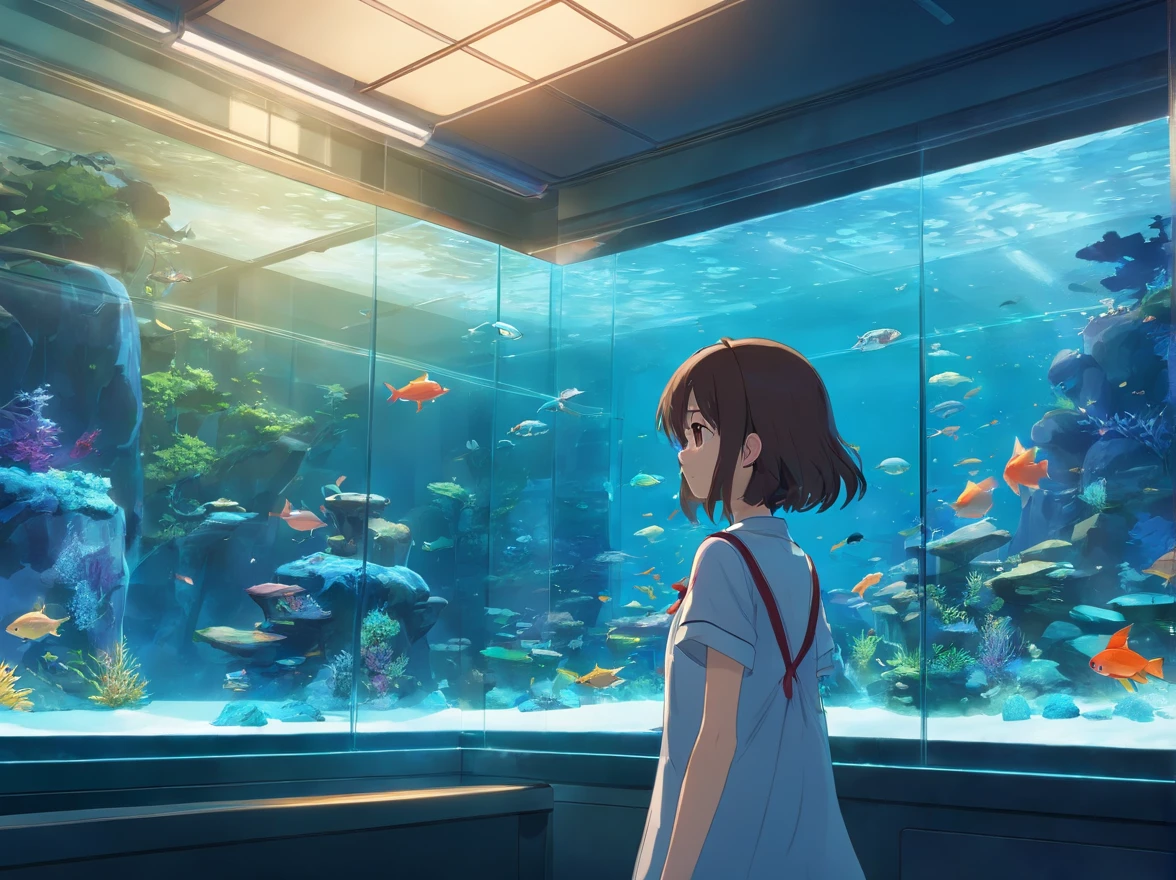 Beautiful aquarium with fish swimming in a huge glass aquarium,
Fantastic aquarium with twinkling lights,
A breathtakingly beautiful sight,Beautiful girl staring at fish in front of aquarium、Rear view of the girl,
(Best Quality:0.8),(top-quality:0.8),masutepiece, perfect anime illustration