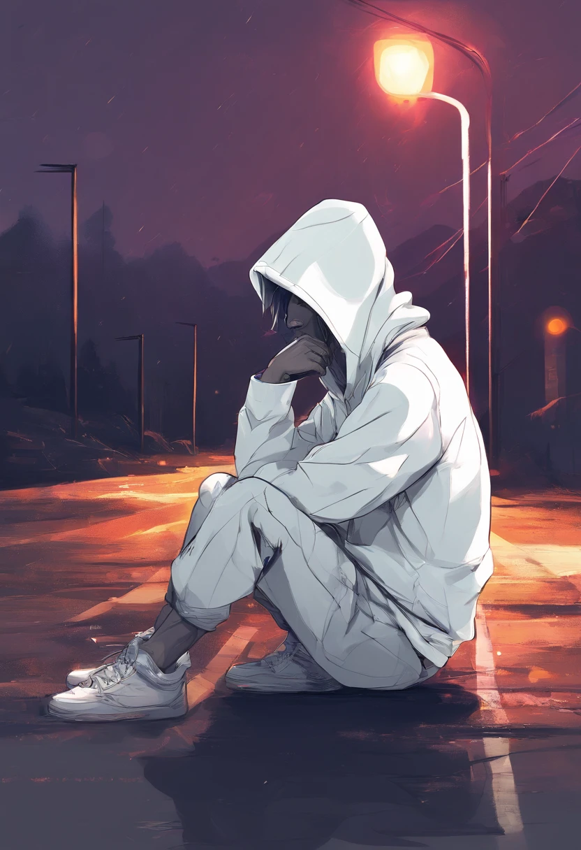 Depressed guy with white hoodie, who sits on the side of the road at night, Denken