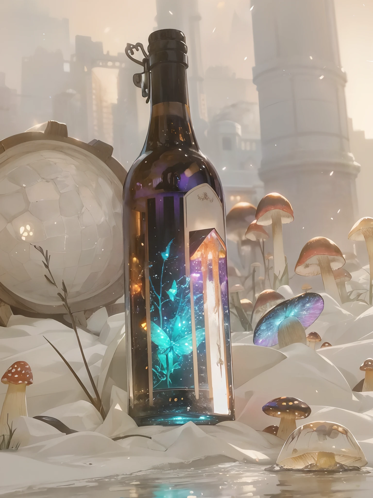 Computer, Extensive landscape ultrasound photography (general view, which shows a glass glass, a glass bottle, fireflies inside the bottle, fly agaric mushrooms), (detailed description of the bottle, mushrooms), glass, (detailed description), inside the glass dew (ultradetailed), butterflies (detailed), night, starry sky, moon, (detailed), saucer, water, reflection of the moon on the water surface, reflection full of shooting stars in wine, a drop of wine, moths (1: 3), fireflies (1: 3),  (ultra-detailed description of appearance), bottle, candle (crystals: 1.2), BREAK production art, (cold light source: 1.2), (Firefly: 1.2), lilac, purple, fire particles, colors, complex details, volumetric lighting, realistic fantasy BREAK (masterpiece: 1.2), (best quality), 4k, ultra-detailed, (dynamic composition: 1.4), high detailed, colorful details, (gloomy colors: 1.2), (luminous lighting, atmospheric lighting), gloomy, dark, magical, (solo: 1.2)