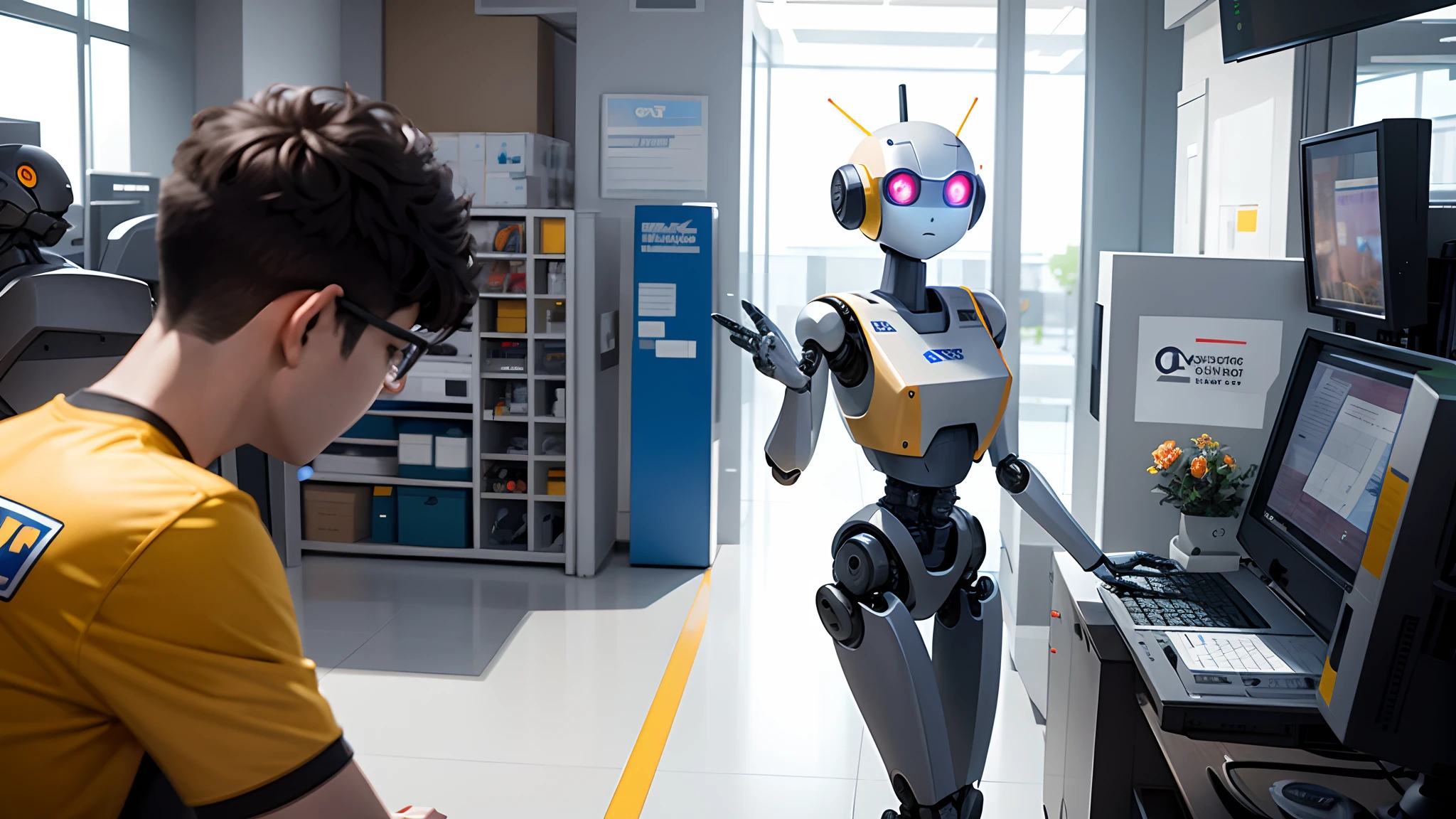 The Alafard robot stands in front of a TV screen,A man stood behind him, integrated synthetic android, ultra detailed female android, Biometric humanoid robot, friendly humanoid cyber robot, Futuristic robot body, elle fanning as an android, the most advanced humanoid robot, sci-fi android female, detailed humanoid, futuristic robotic, hologram hovering around her --auto