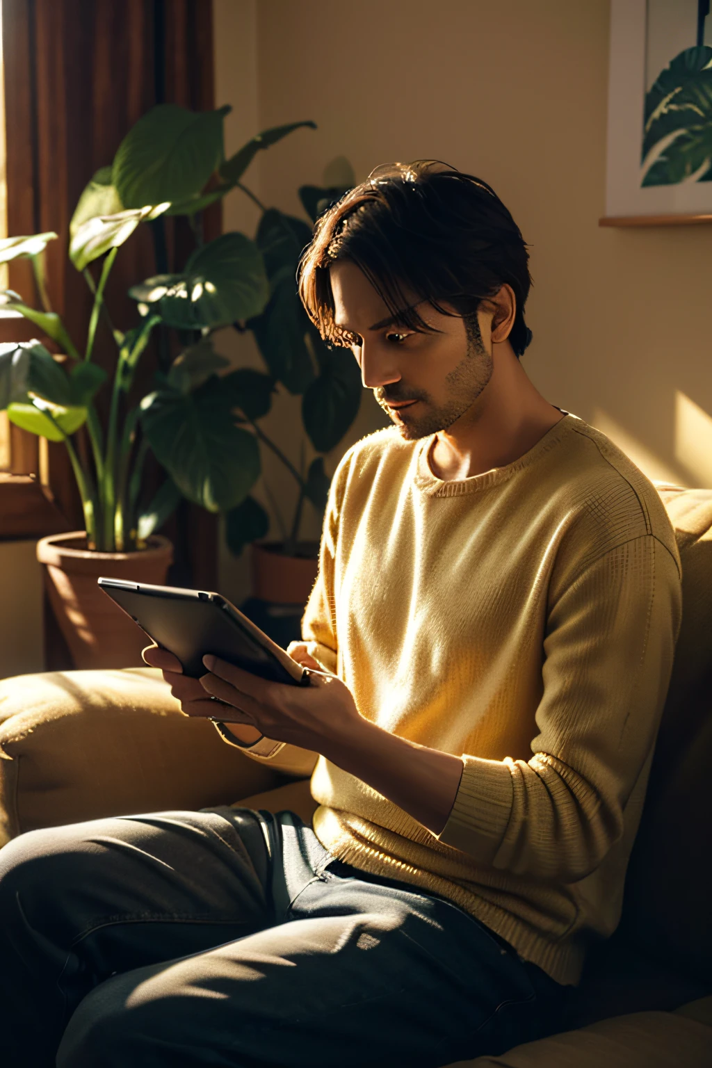 36 year old man looking hopefully at a visible tablet, living room environment with sofa and plants, golden sunset light reflected on the tablet, feeling of relief and hope, realistic photography style, captured with a DSLR camera in high resolution detailed, drawn with digital watercolor techniques.