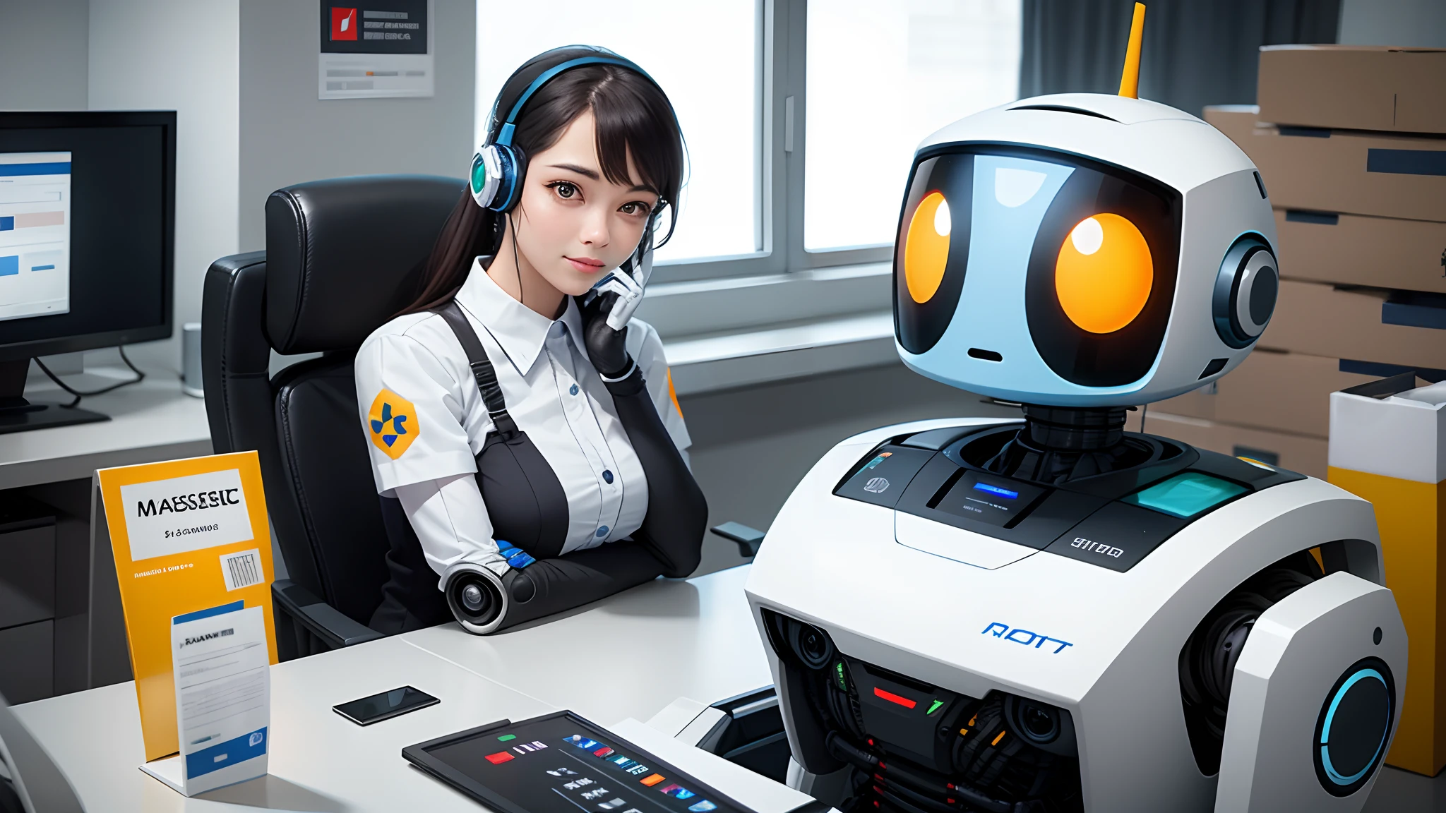 Two female robots chatting in the office The head remains human mechanical arm mechanical legs mechanical fuselage daytime office laughter, nffsw, retina, table top, Accurate, anatomically correct, rough skin, Super detailed, advanced details, high quality, 最high quality, High resolution