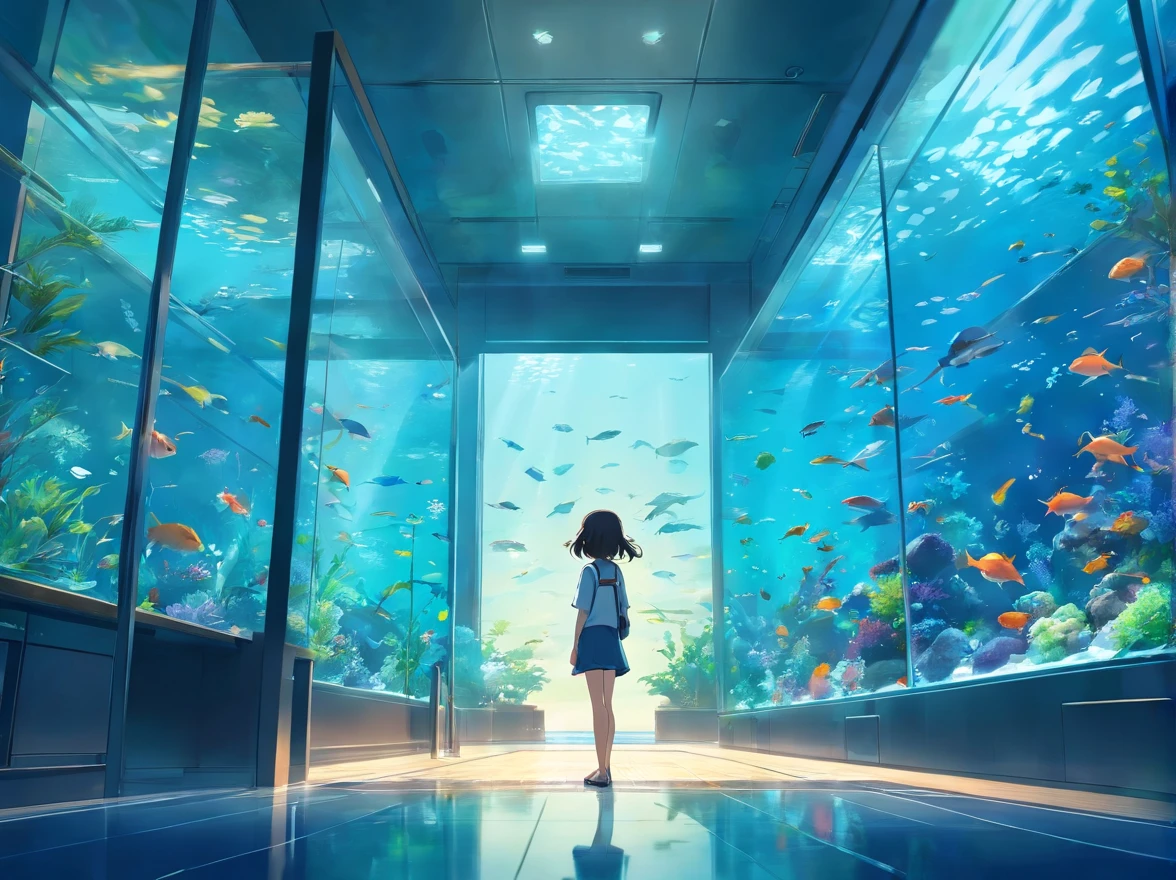 Beautiful aquarium with fish swimming in a huge glass aquarium,
Fantastic aquarium with twinkling lights,Dynamic beautiful shading,
A breathtakingly beautiful sight,Beautiful girl staring at fish in front of aquarium、Rear view of the girl,
(Best Quality:0.8),(top-quality:0.8),masutepiece, perfect anime illustration
