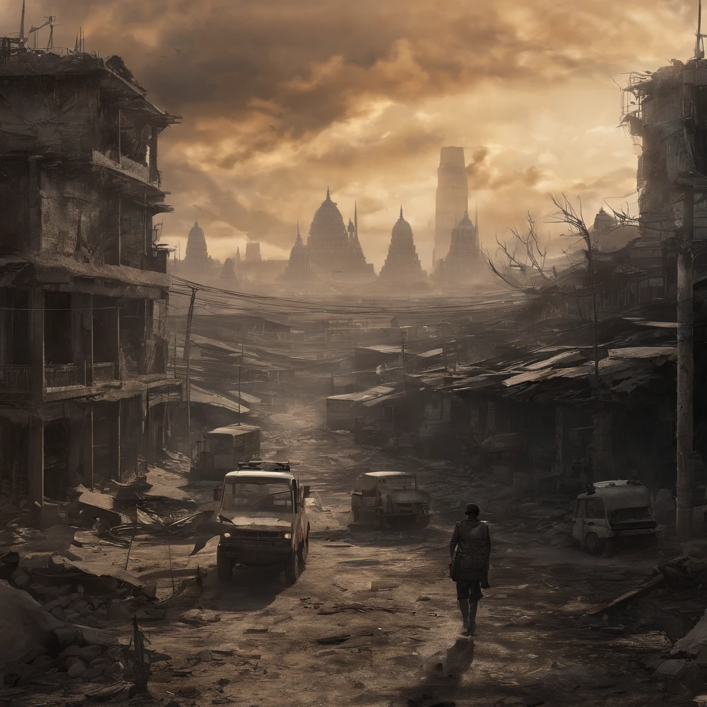 Illustration painting of an" 'Myanmar Yangon City', Apocalpysel design, realistic 'nuclear explosion' illustration art, ultra-detailed illustred, expert artist digital art style, best shadow, masterpiece destoryed city, professional well-balance colour artwork, underground famous artwork, post apocalypse Fabbric art burning background and sky HD, destroyed("yangon") city on fire, destroyed ((myanmar "yangon")) city, digital concept art of dystopian, apocalyptic ((myanmar)) city, destroying a ((myanmar"yangon")) city, apocalyptic 8 k, apocalyptic 8k, apocalyptic city ((pagoda)) backround, apocalyptic architecture design, (Rangon)city, end of the (burma:1.1), (rangon:1.2), city, (hdr:1.1), (muted colors:1.3),(broken rusty car:0.8), (shards of glass:0.3), (books on earth:0.3), car wreckage, correct scale, apocalypse, abandoned, neutral colors, night, screen space refractions, (intricate details), (intricate details, hyperdetailed:1.2), artstation, cinematic shot, vignette, complex background, buildings, apocalyptik(Rangon)city, post apocalyptic Burma Rangon city, postapocalyptic world, post - apocalyptic(Rangon)city, post-apocalyptic earth, apocalyptic art, post - apocalyptic(Rangon)CITY, post apocalyptic(Rangon)CITY,