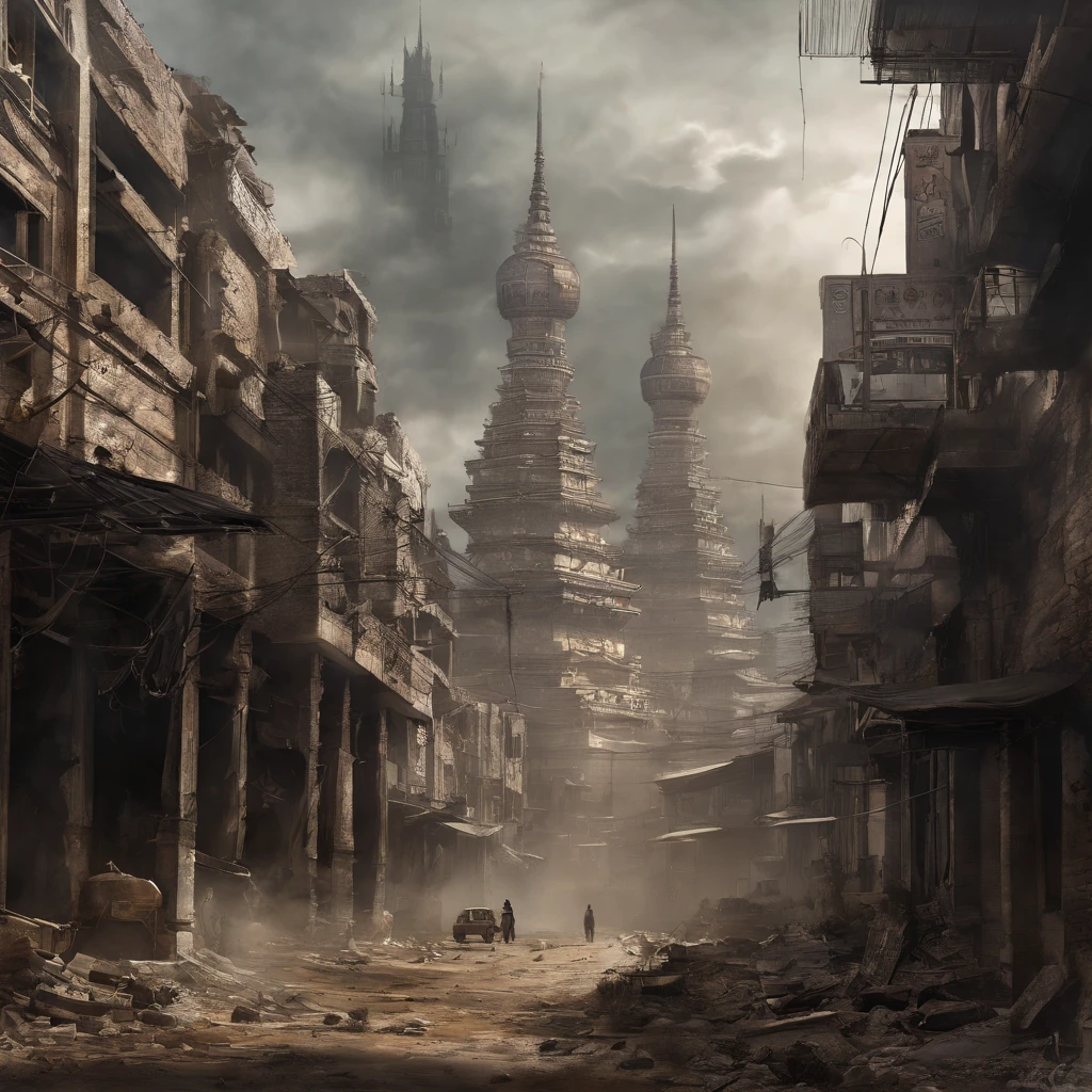 Pintura ilustrativa de un" 'Ciudad de Myanmar Yangon', Design Apocalpysel, Realistic illustration art of 'nuclear explosion', Ultra-detallado ilustrado, Artista experto estilo de arte digital, Mejor sombra, Obra maestra Ciudad destrozada, Ilustraciones profesionales en color bien equilibradas, Famous underground works of art, post apocalipsis Fabbric arte quemando fondo y cielo HD, destruido("Rangoon") Ciudad en llamas, destruido ((Myanmar "Rangoon")) Ciudad, digital concept art of dystopian, apocalyptic ((Myanmar)) Ciudad, destruyendo un ((Myanmar"Rangoon")) Ciudad, apocalyptic 8 k, apocalyptic 8k, apocalyptic city ((pagoda)) back turned, Apocalyptic architecture design, (Rango)Ciudad, Fin de la (Birmania:1.1), (Rango:1.2), Ciudad, (HDR:1.1), (colores apagados:1.3),(Coche oxidado roto:0.8), (Fragmentos de vidrio:0.3), (Libros en la Tierra:0.3), Restos de coches, Escala correcta, apocalipsis, abandonado, Colores neutros, Noche, Refracciones de espacio de pantalla, (Detalles intrincados), (Detalles intrincados, hiperdetallado:1.2), Artstation, Cinematic shot, vignette, Antecedentes complejos, Edificios, Apocalyptik(Rango)Ciudad, Post apocalyptic Burma Rank City, Post-apocalyptic world, Post - Apocalyptic(Rango)Ciudad, Post-apocalyptic Earth, apocalypse art, Post - Apocalyptic(Rango)Ciudad, Post Apocalyptic(Rango)Ciudad,