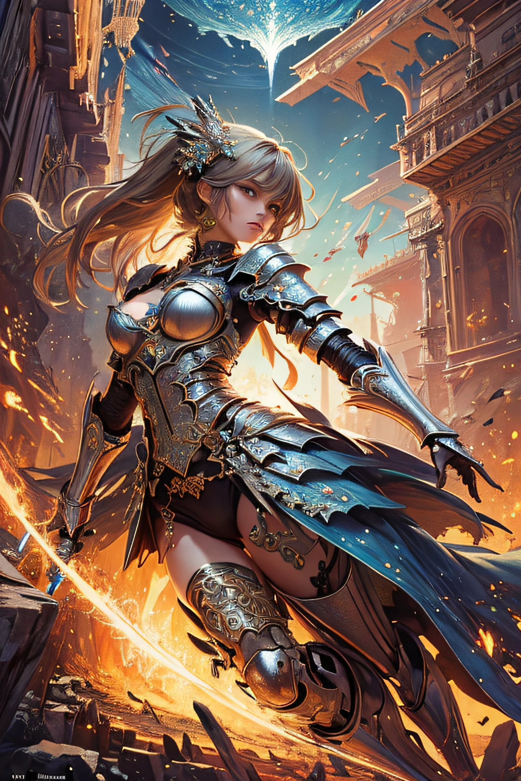 (masterpiece, top quality, best quality, official art, beautiful and aesthetic:1.2), (1girl), extreme detailed,(fractal art:1.3),colorful,highest detailed, female knight, body shot,