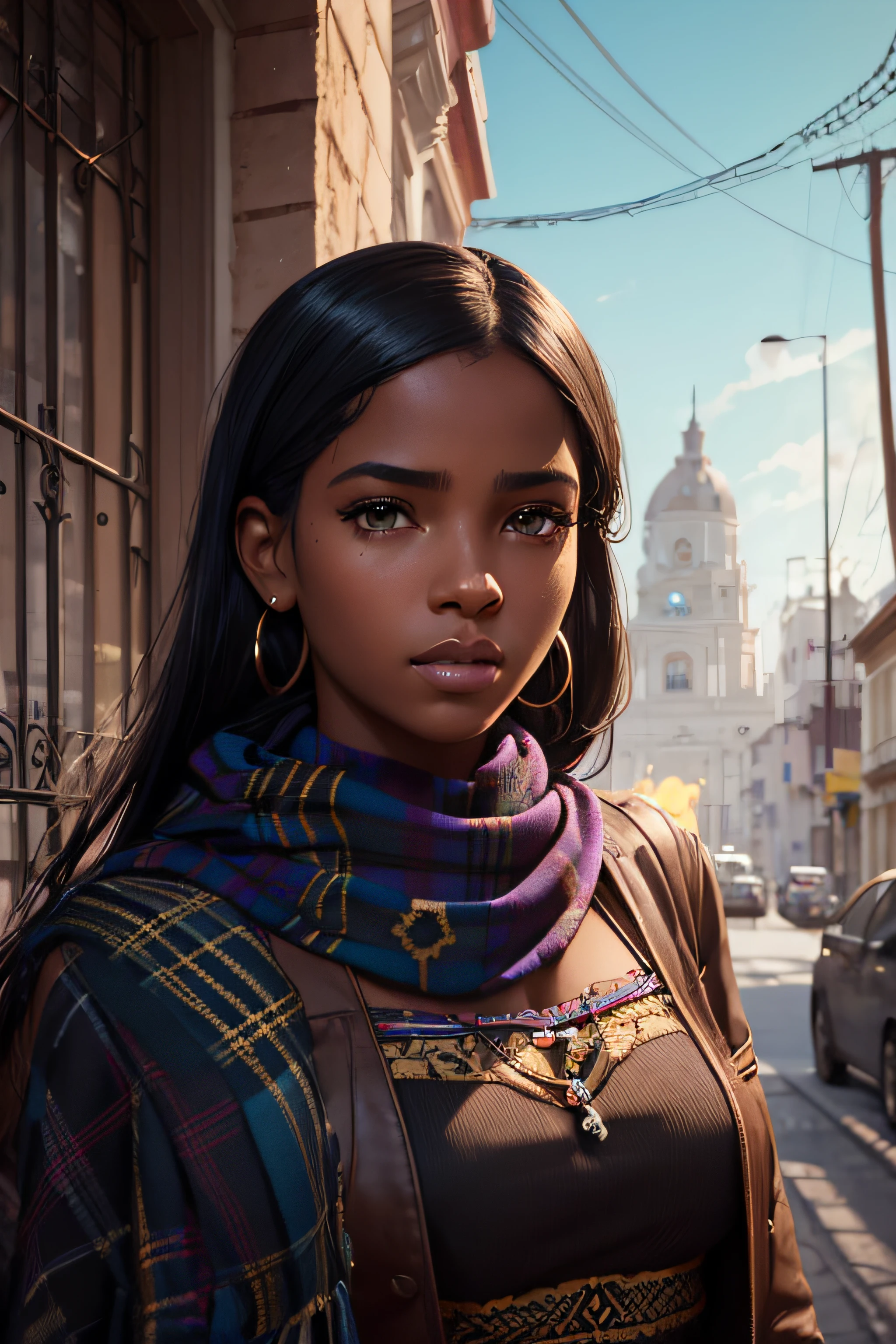 Portrait of the very detailed face Young beautiful black Colombian woman from Cartagena and Medellín, ojos azules, tartan scarf, Amarillo degradado/negro/brown/magenta, grunge aesthetic, por Atey Ghailan | Greg Rutkowski | Greg Tocchini | James Gilleard | Joe Fenton | Carnicero Kaethe