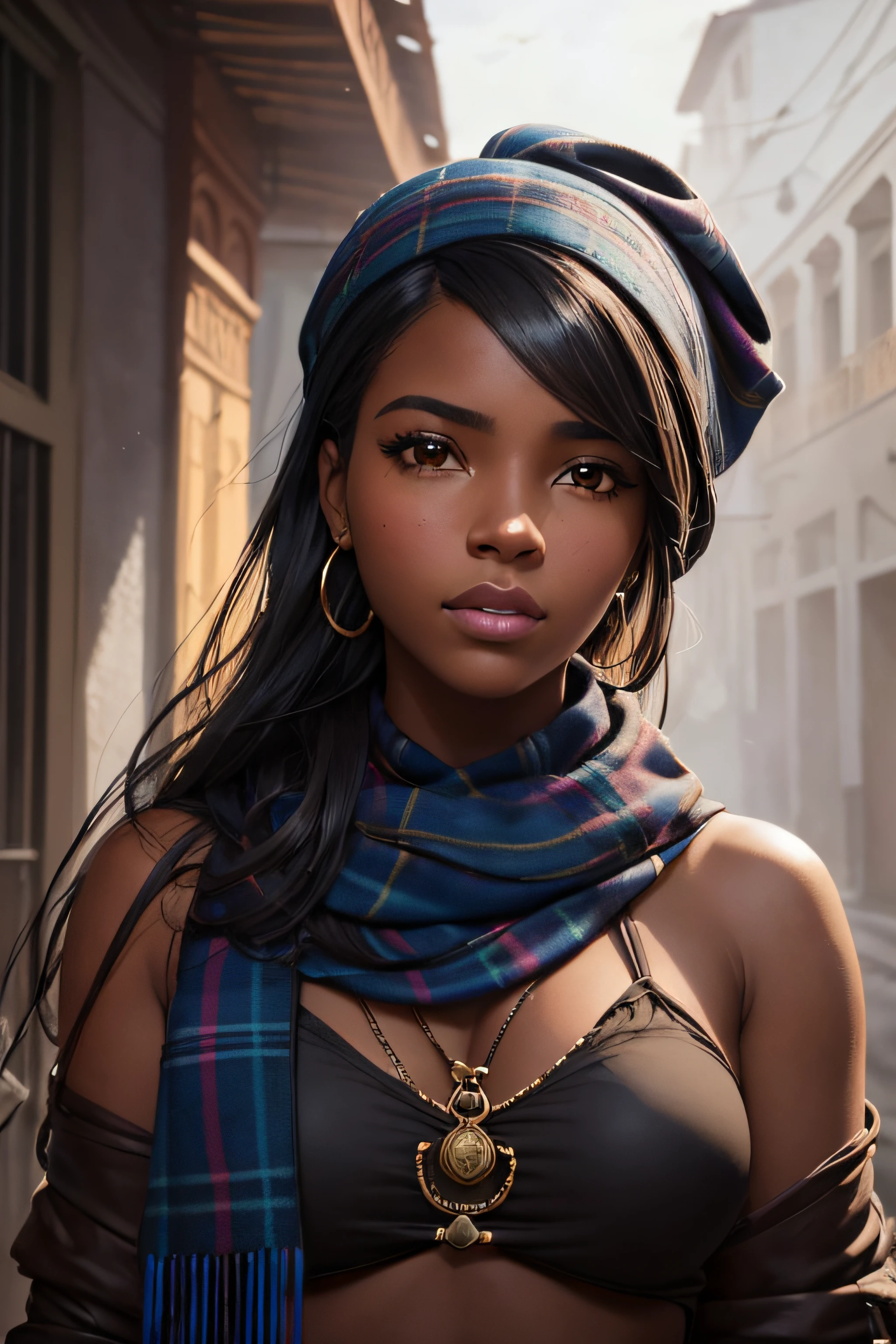 Portrait of the very detailed face Young beautiful black Colombian woman from Cartagena and Medellín, ojos azules, tartan scarf, Amarillo degradado/negro/brown/magenta, grunge aesthetic, por Atey Ghailan | Greg Rutkowski | Greg Tocchini | James Gilleard | Joe Fenton | Carnicero Kaethe